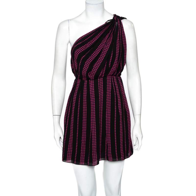 مملوكة مسبقًا Saint Laurent Paris Black Star Printed Chiffon One Shoulder Mini Dress M