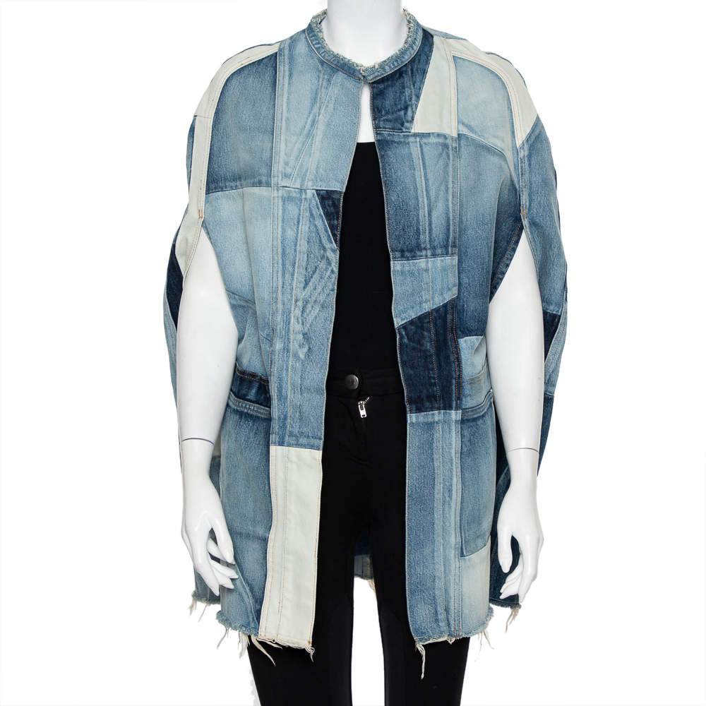 Saint Laurent Paris Blue Denim Patched Open Front Cape S