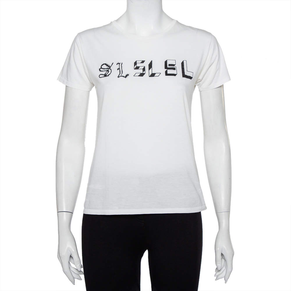 Saint Laurent Paris White Cotton Logo Printed T-Shirt S