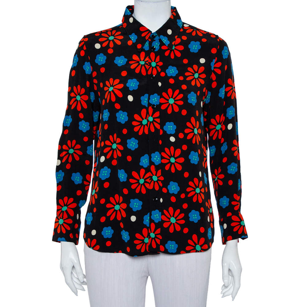 Pre Owned قميص سان لوران باريس كريب طباعة زهور أسود مقاس كبير