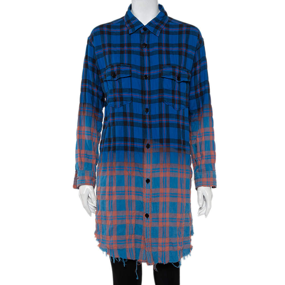 مملوكة مسبقًا Saint Laurent Paris Blue Ombre Checkered Flannel Button Front Long Shirt M