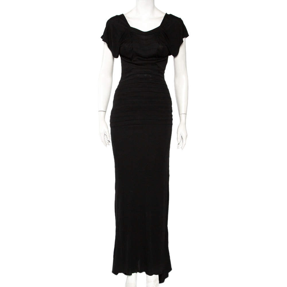 فستان ماكسي إيف سان لوران تريكو أسود بحافة غير متماثلة مقاس صغير - سمول