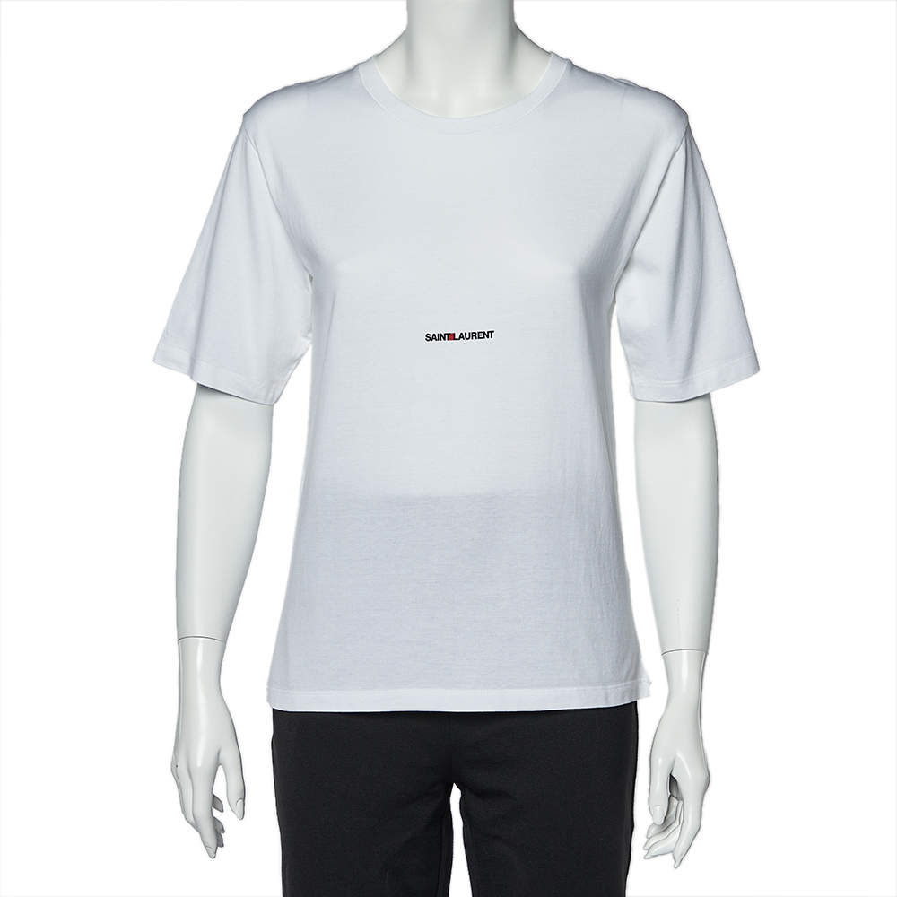 SAINT LAURENT PARIS|SHORT-SLEEVED ROUND NECK T-SHIRTS ( Saint Laurent Paris White Logo Print Cotton Round Neck T