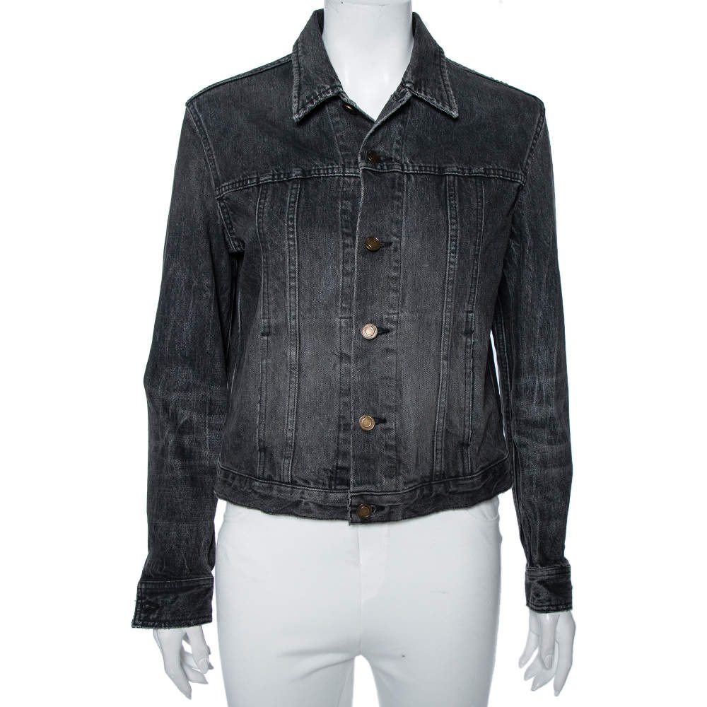 Saint Laurent Faded Grey Heart & Lightening Bolt Patch Applique Denim Jacket M