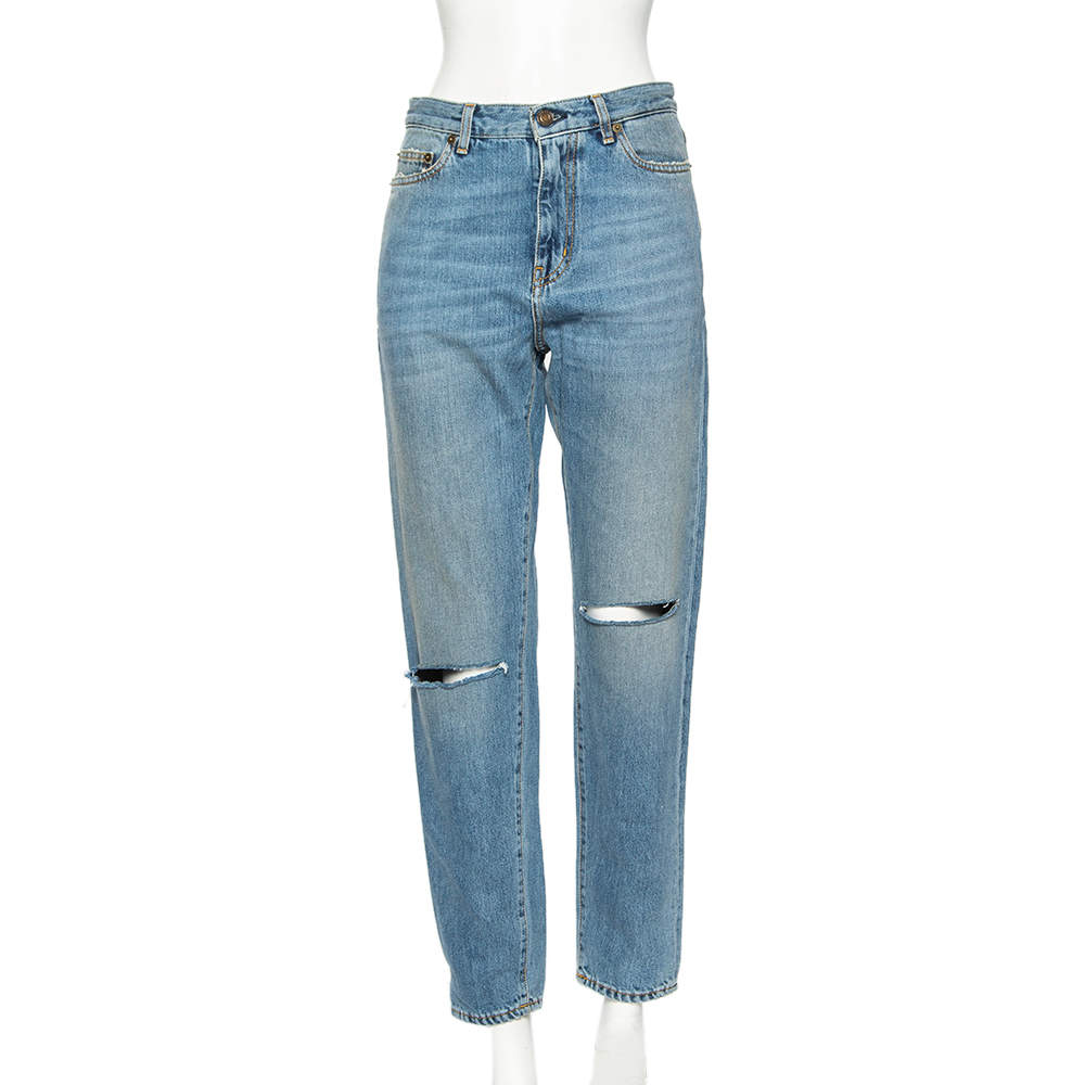 Pre Owned Saint Laurent Stone Washed Blue Denim Ripped Detail Relaxed Fit Jeans S