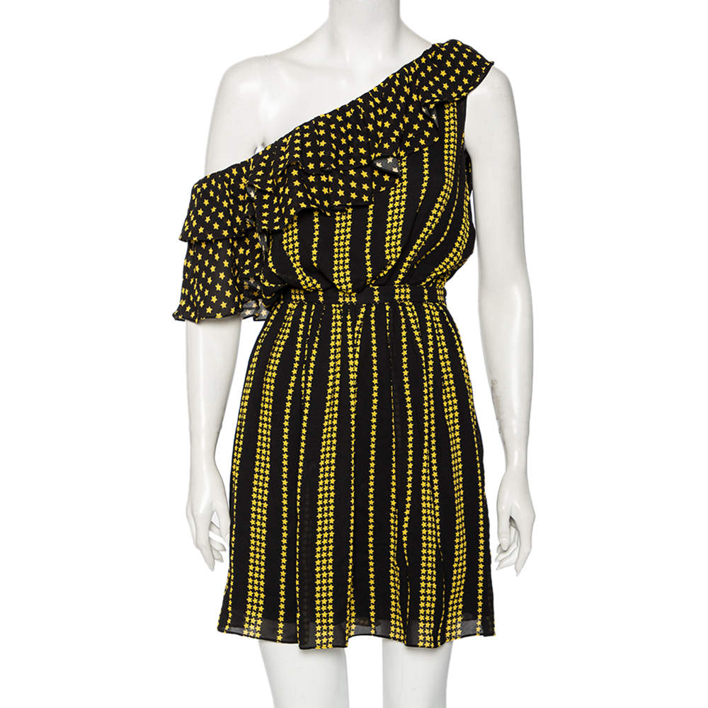 Pre Owned Saint Laurent Black & Yellow Star & Stripes Printed Georgette Mini Dress L