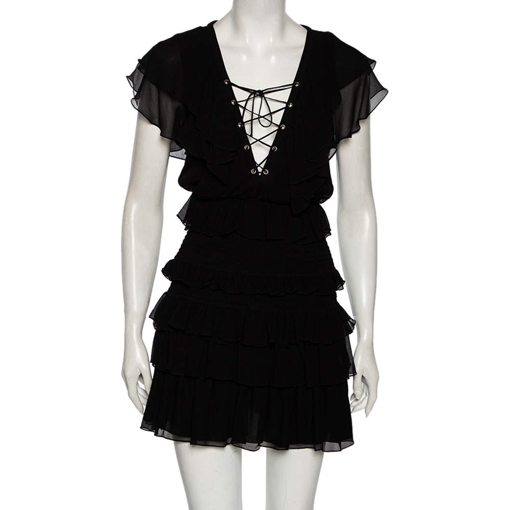 Pre Owned فستان سان لوران شيفون حرير أسود مكشكش مقاس متوسط - ميديوم