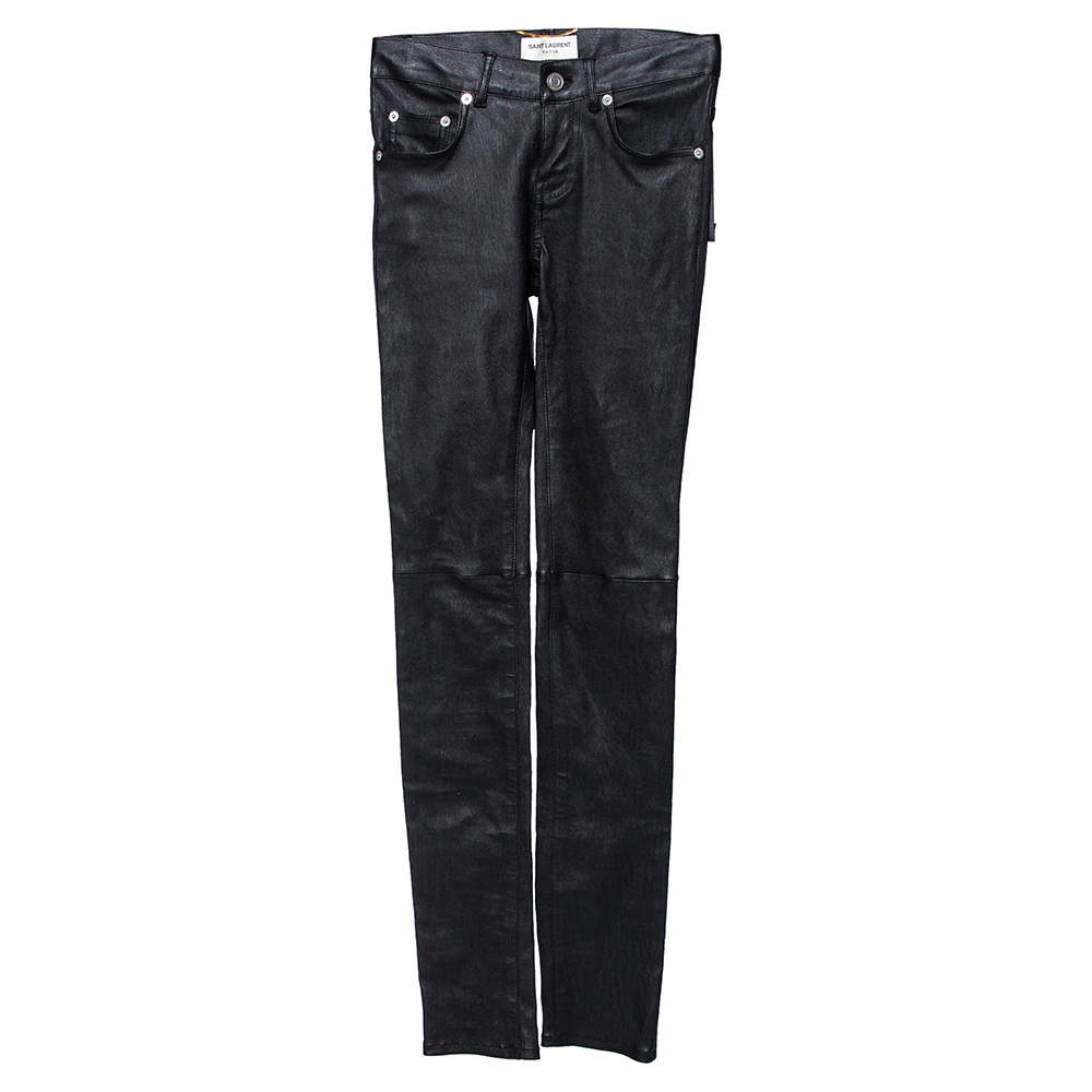 Pre Owned بنطلون سان لوران جلد خروف أسود مجسم مقاس صغير (سمول)
