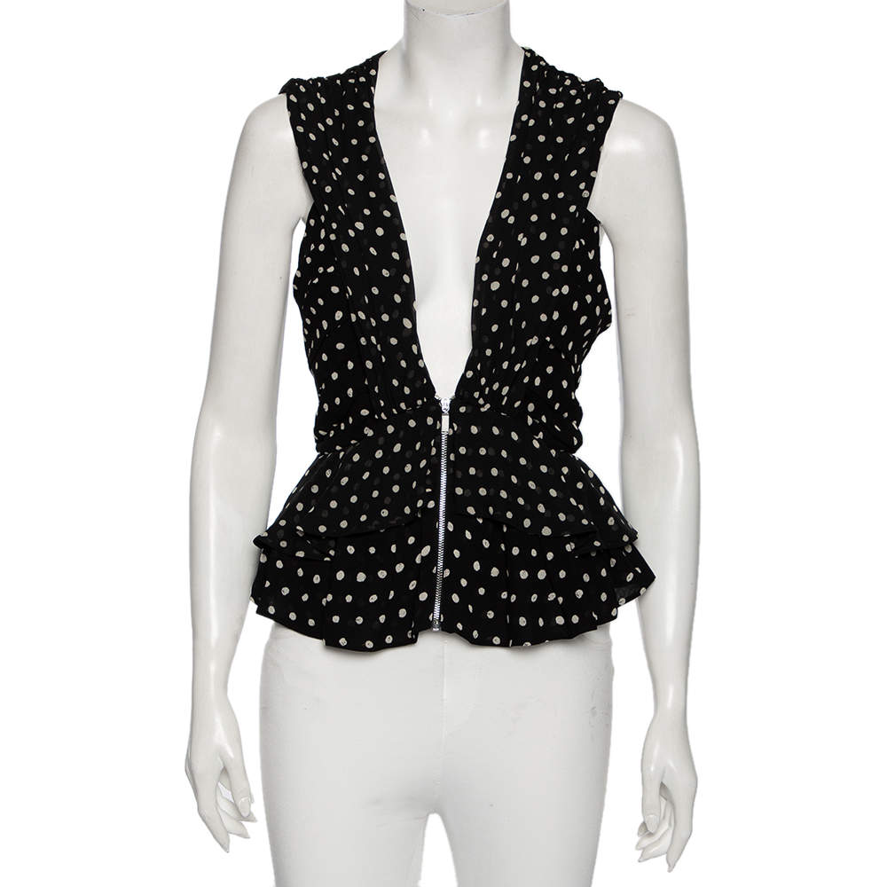 Saint Laurent Black Polka Dotted Silk Georgette Sleeveless Ruffled Top S