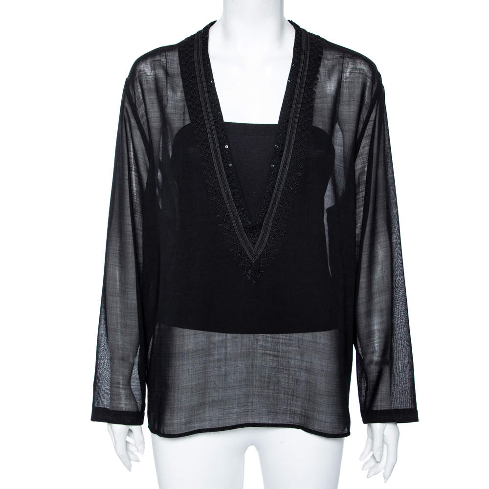 Saint Laurent Black Wool Lace Trimmed V-Neck Blouse S Saint Laurent ...