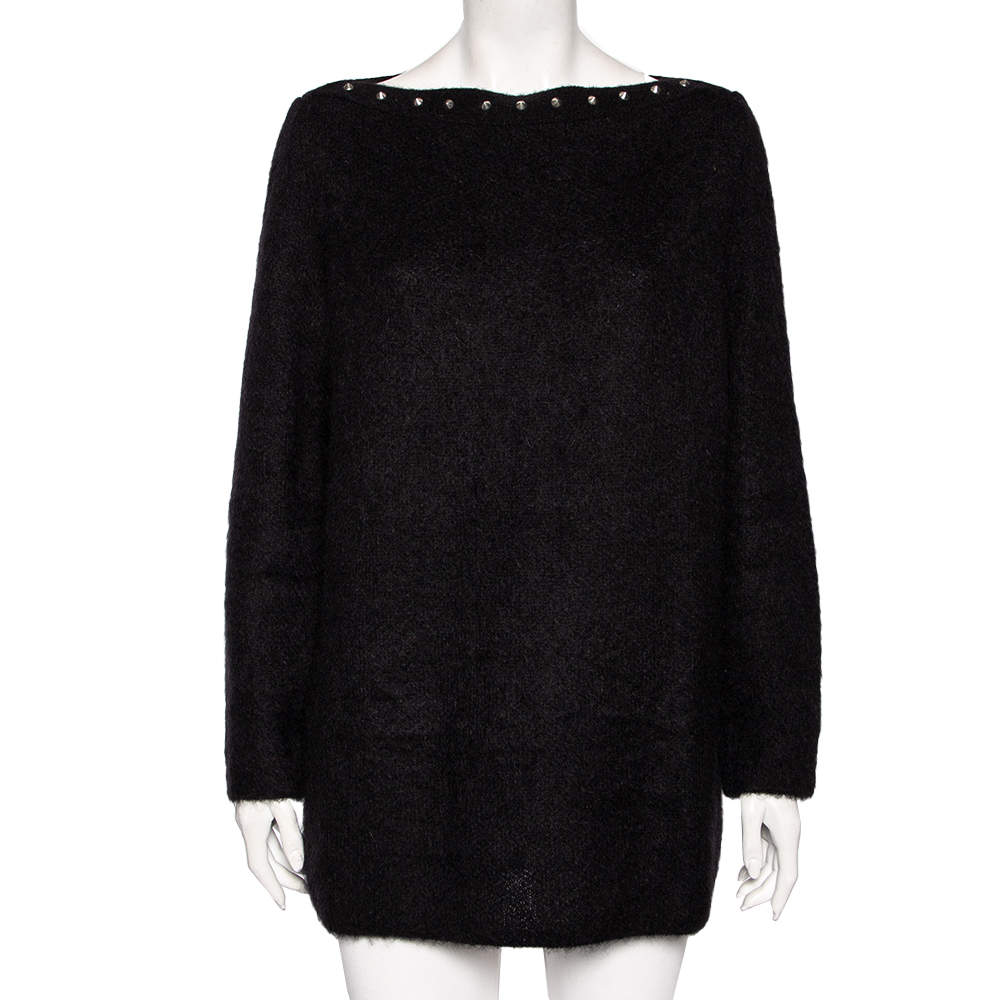 Pre Owned Saint Laurent Black Mohair Stud Embellished Neck Detailed Sweater XL