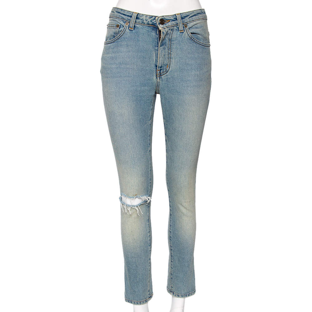 Pre Owned Saint Laurent Blue Denim Distressed Jeans S