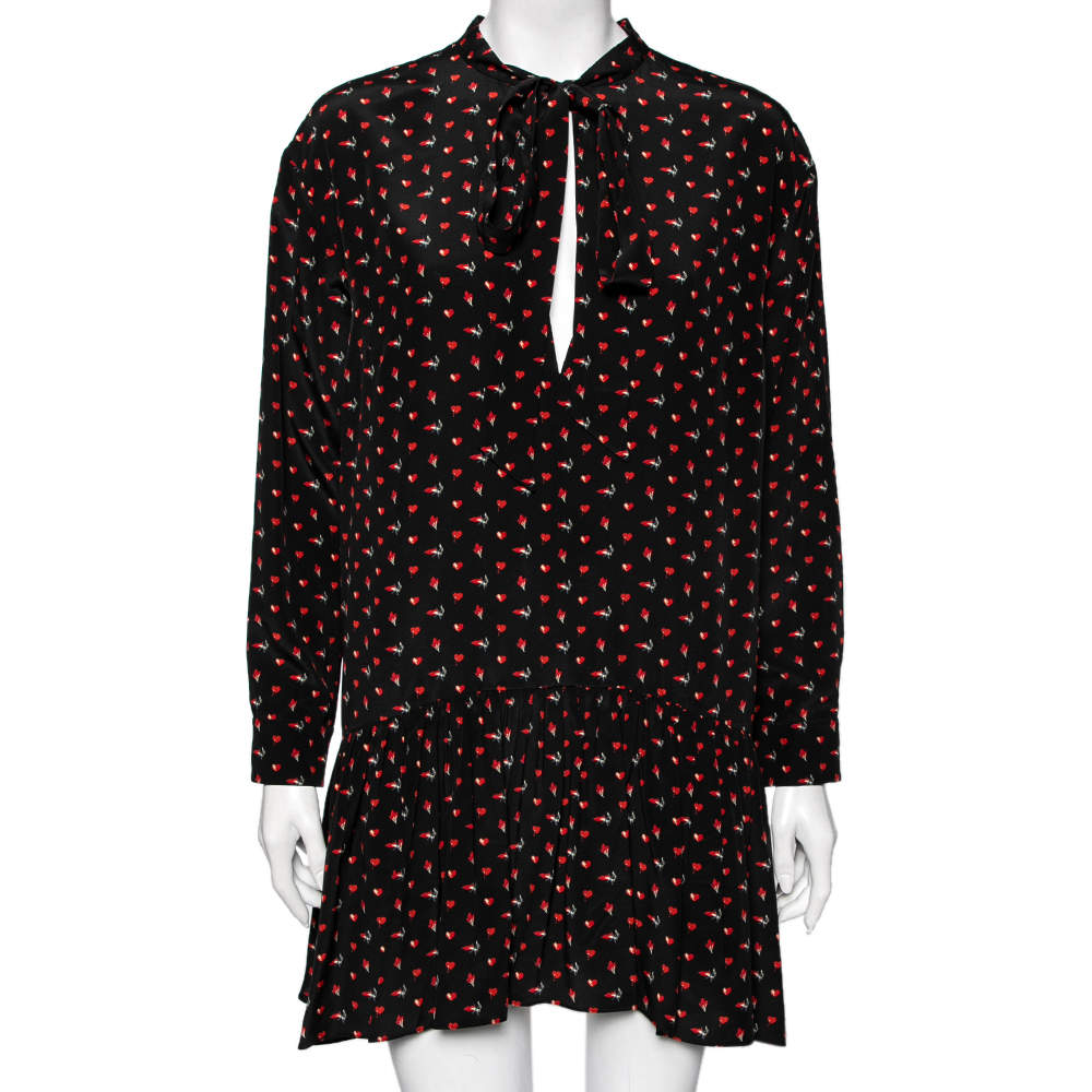 Saint Laurent Black Heart & Fire Printed Silk Neck Tie Detail Mini Dress L