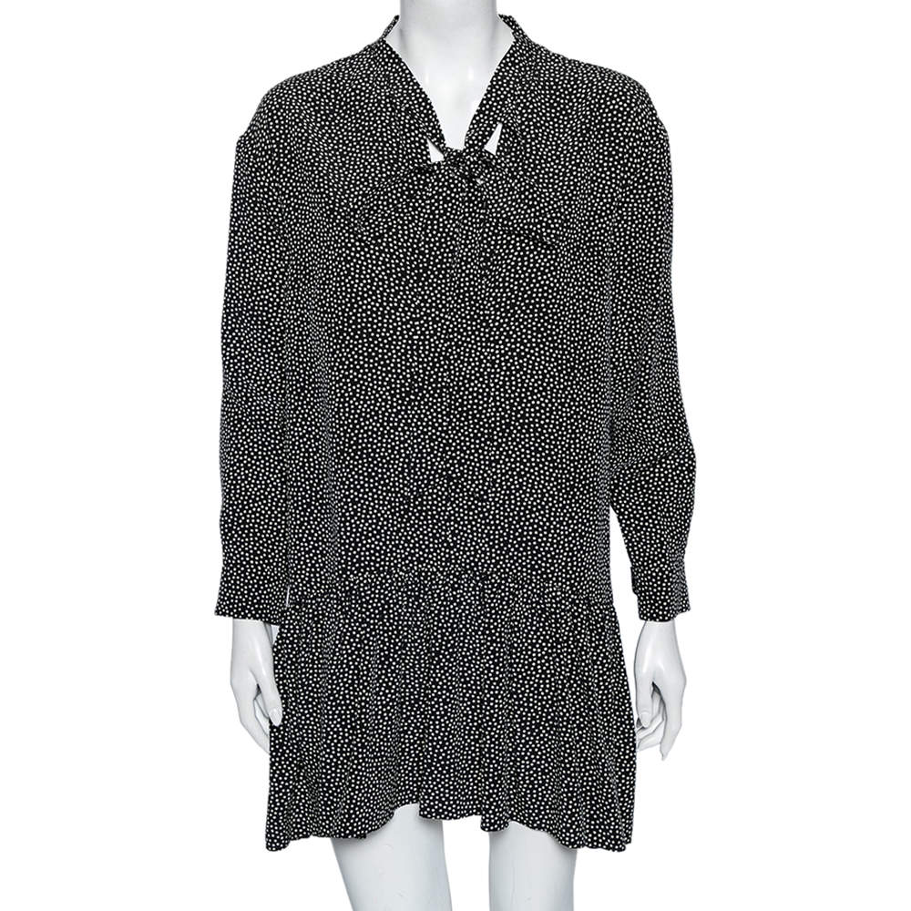 Pre Owned فستان سان لوران حرير مونوكرومي منقط بربطة عنق مقاس كبير - لارح