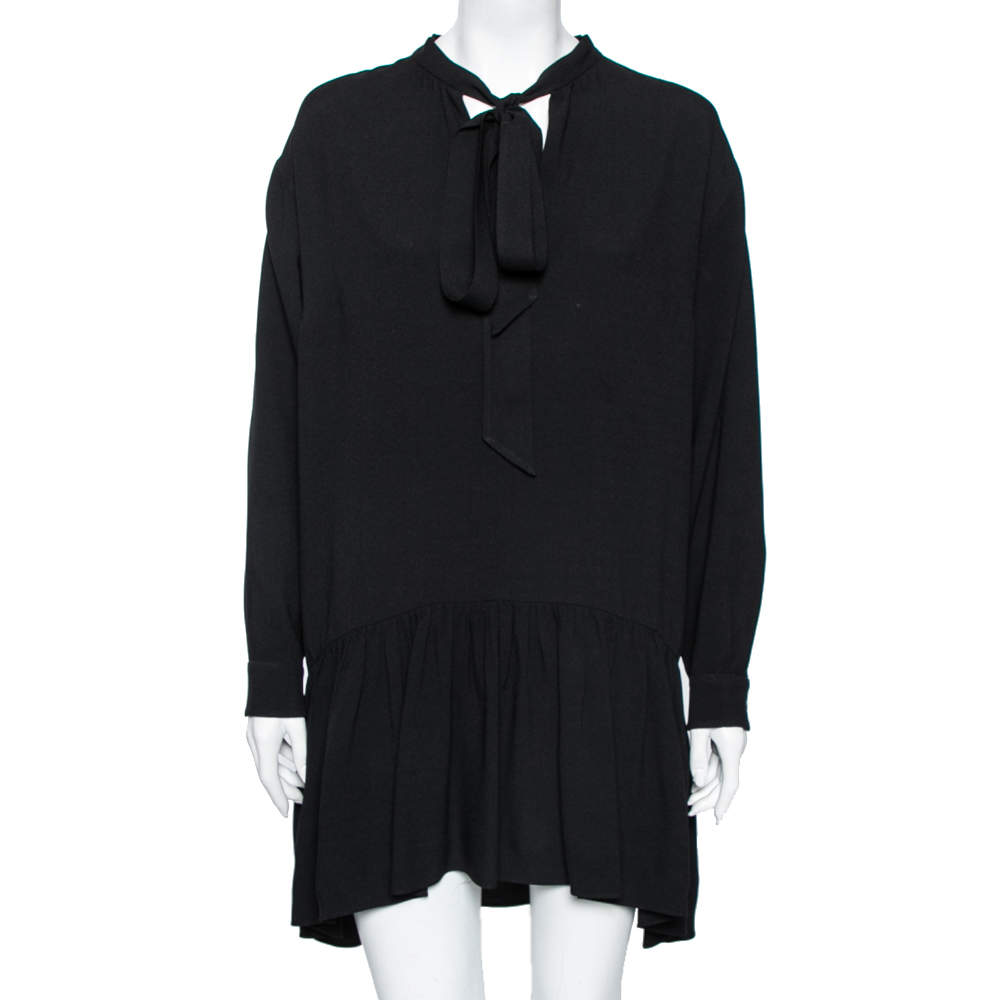مملوكة مسبقًا Saint Laurent Black Crepe Neck Tie Detailed Long Sleeve Dress L