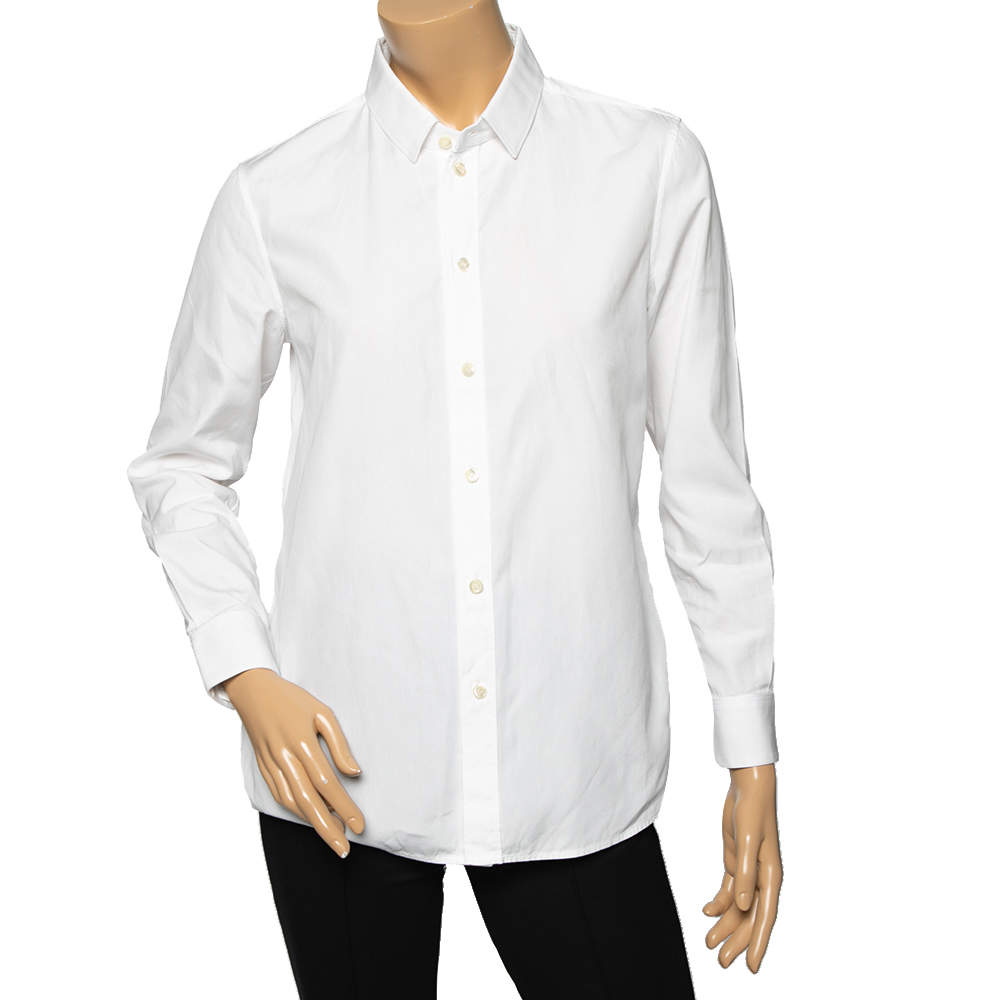 Pre Owned قميص سان لوران قطن أبيض بأكمام طويلة مقاس متوسط - ميديوم