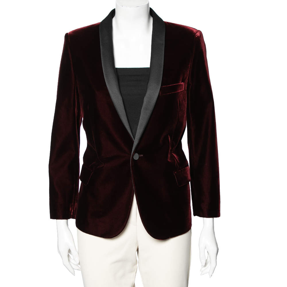 مملوكة مسبقًا Saint Laurent Burgundy Velvet & Satin Lapel Detailed Blazer L