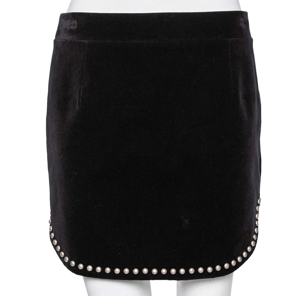 Saint Laurent Black Velvet Stud Embellished Asymmetric Mini Skirt L