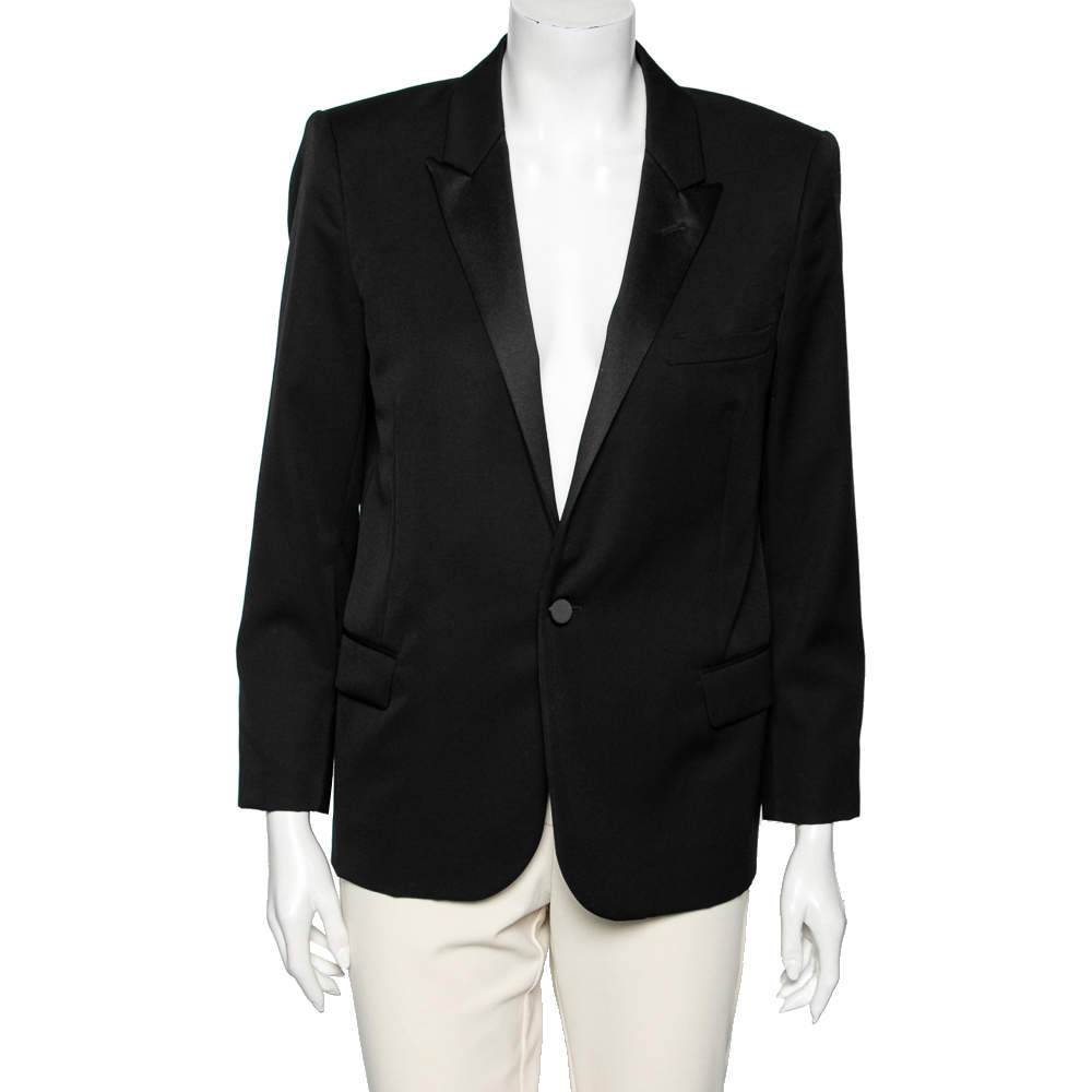 مملوكة مسبقًا Saint Laurent Black Wool & Satin Lapel Detailed Single Breasted Blazer L