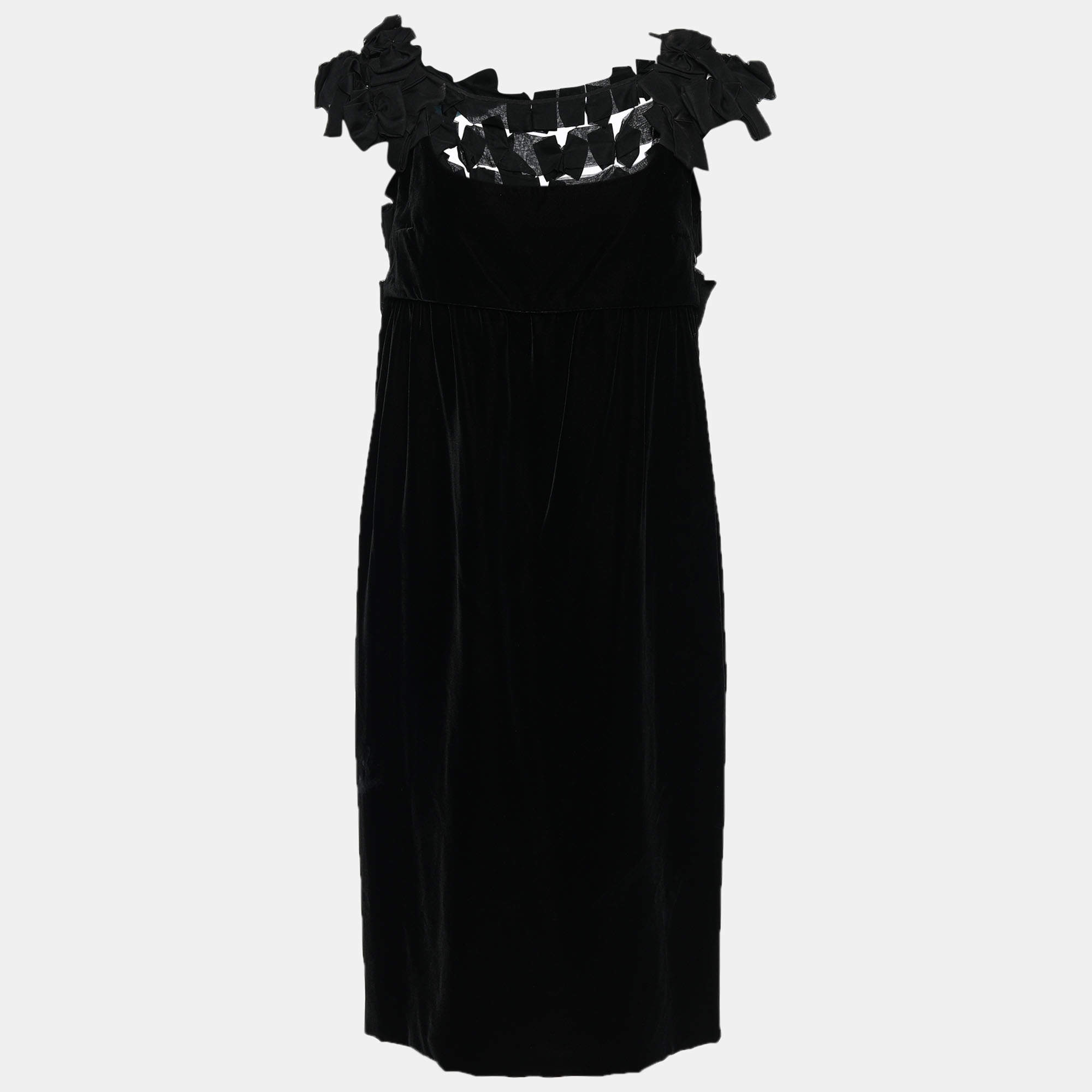 Pre Owned Yves Saint Laurent Black Velvet Bow Applique Midi Dress M