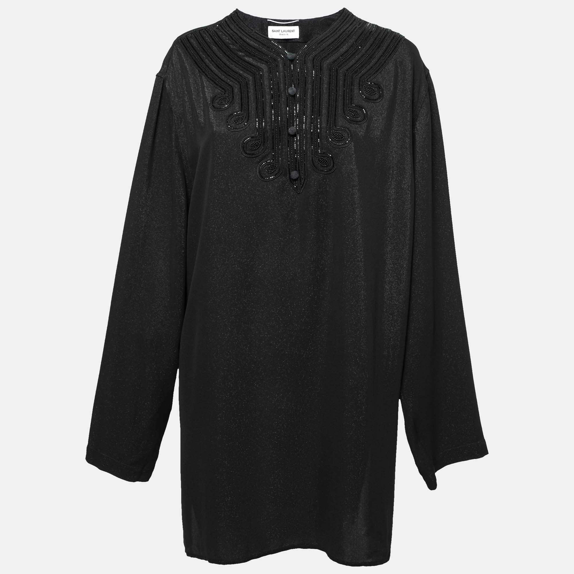 مملوكة مسبقًا Saint Laurent Black Shiny Silk Bead Embroidered Tunic L