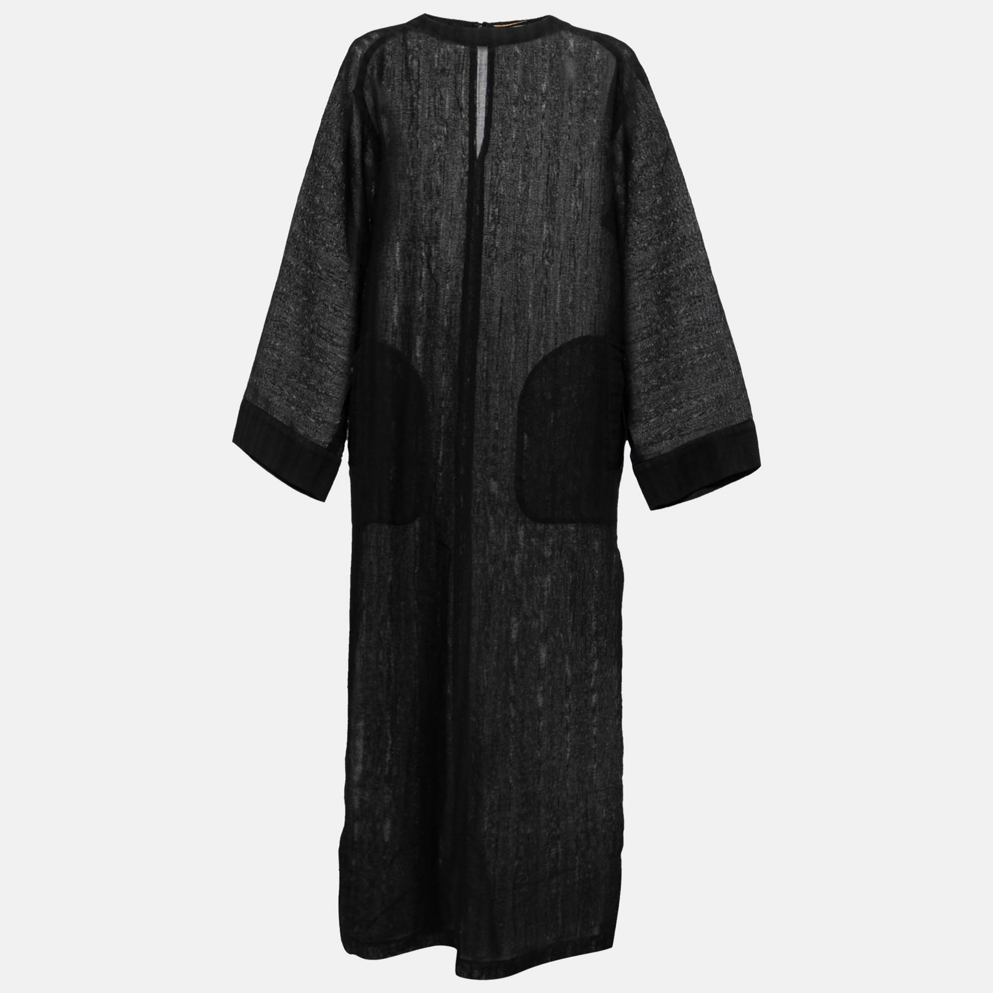 Pre Owned Saint Laurent Black Striped Wool Side Slit Maxi Dress XL