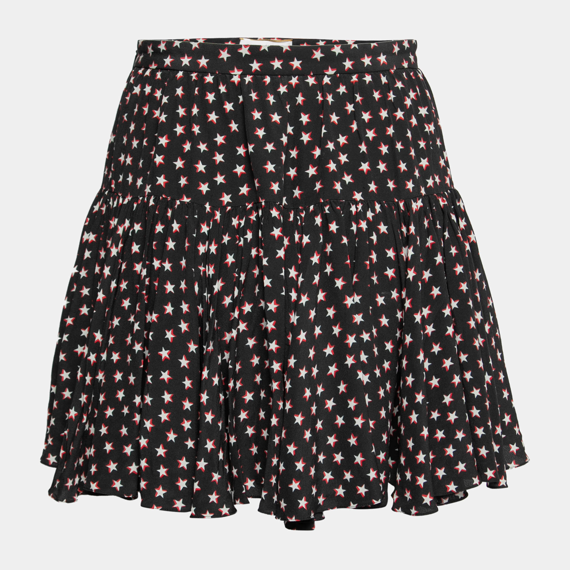 Pre Owned Saint Laurent Black Star Print Silk Ruffled Skirt M