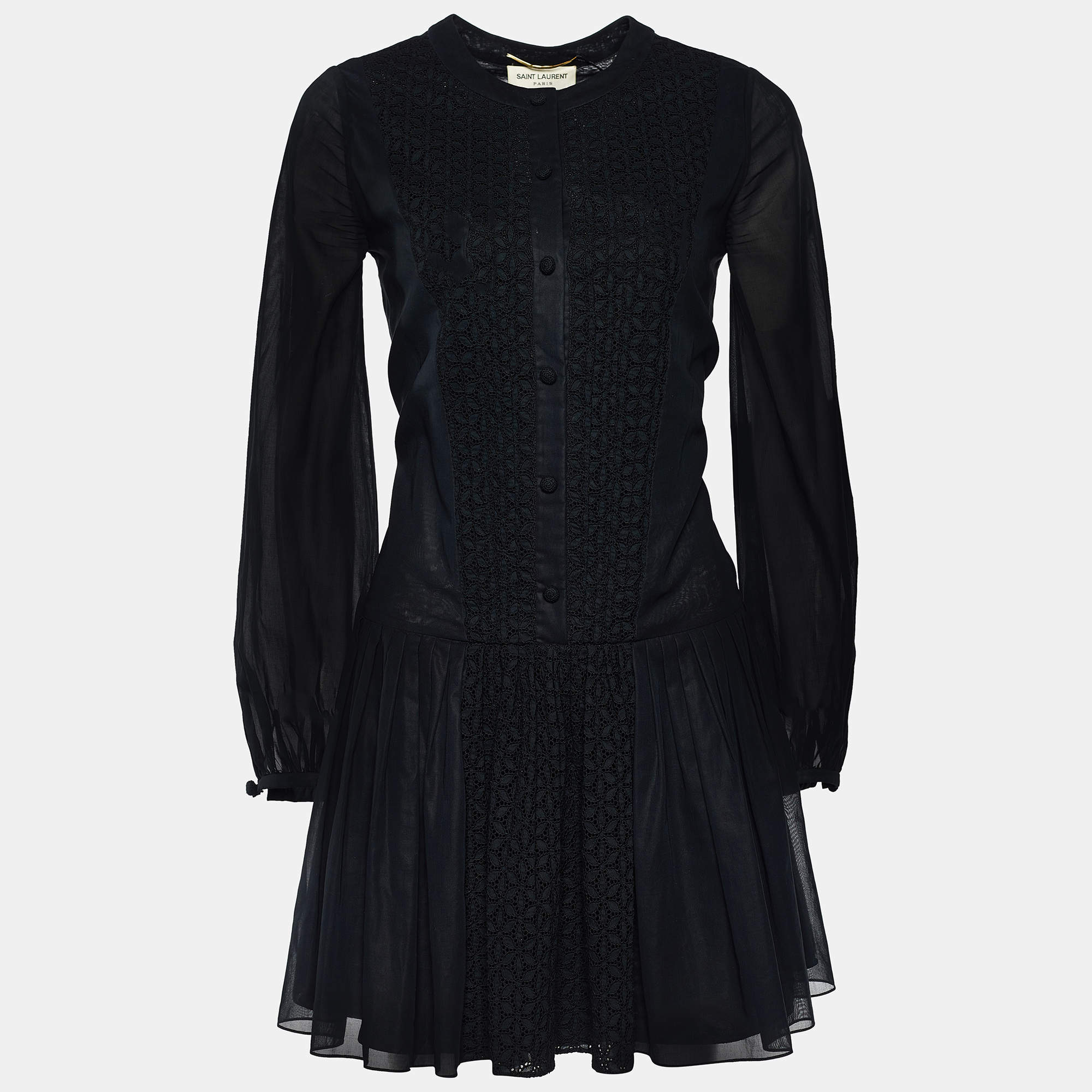 مملوكة مسبقًا فستان سان لوران قطن أسود مزين  بطية كم طويل مقاس متوسط