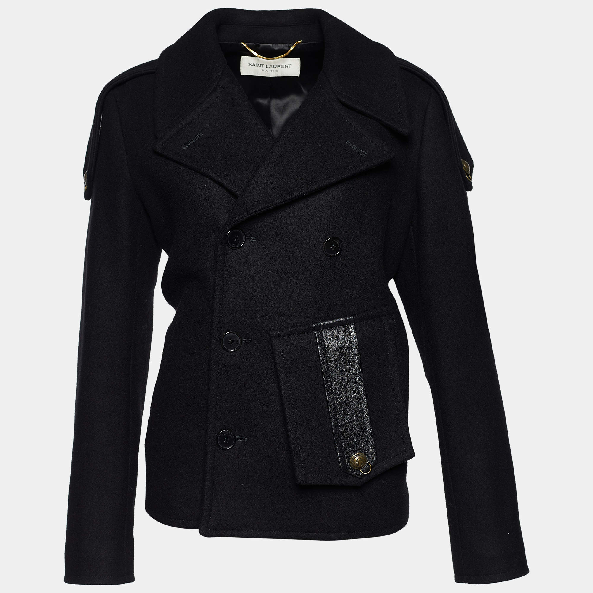 Saint Laurent Black Wool Leather Trimmed Flap Pocket Detailed Jacket M