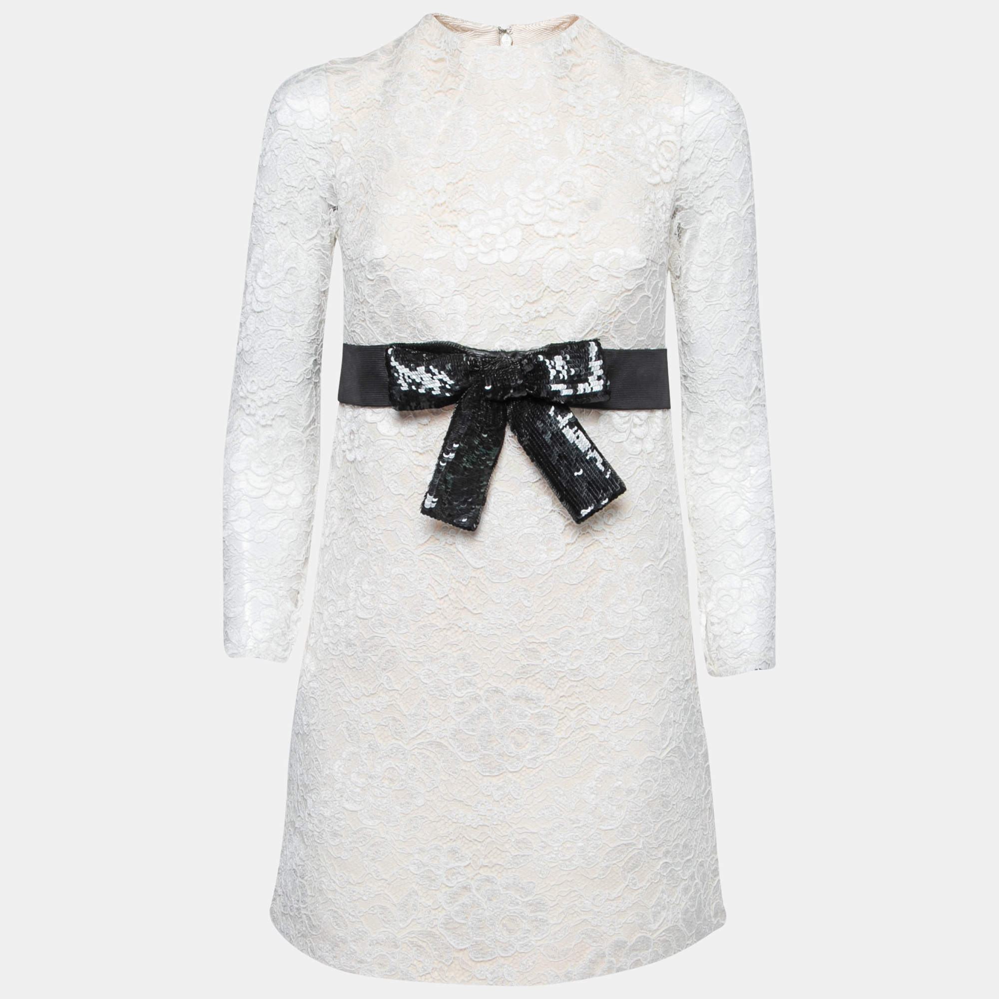 Pre Owned Saint Laurent Cream Floral Lace Sequined Bow Detail Dress S