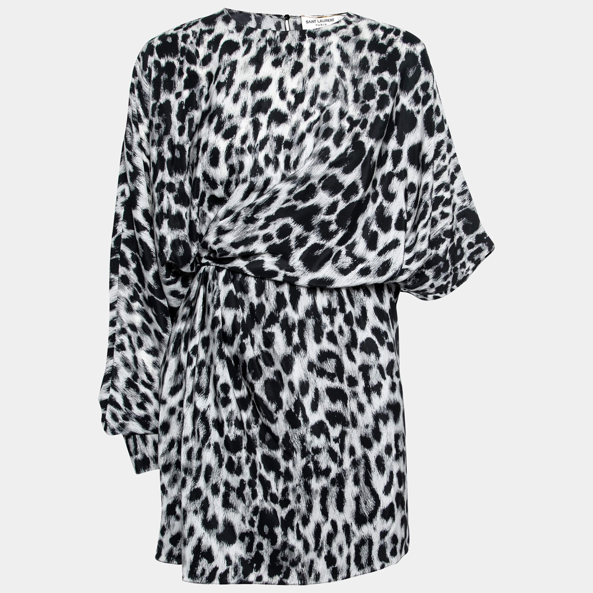 Saint Laurent Grey Leopard Print Silk Asymmetric Mini Dress S