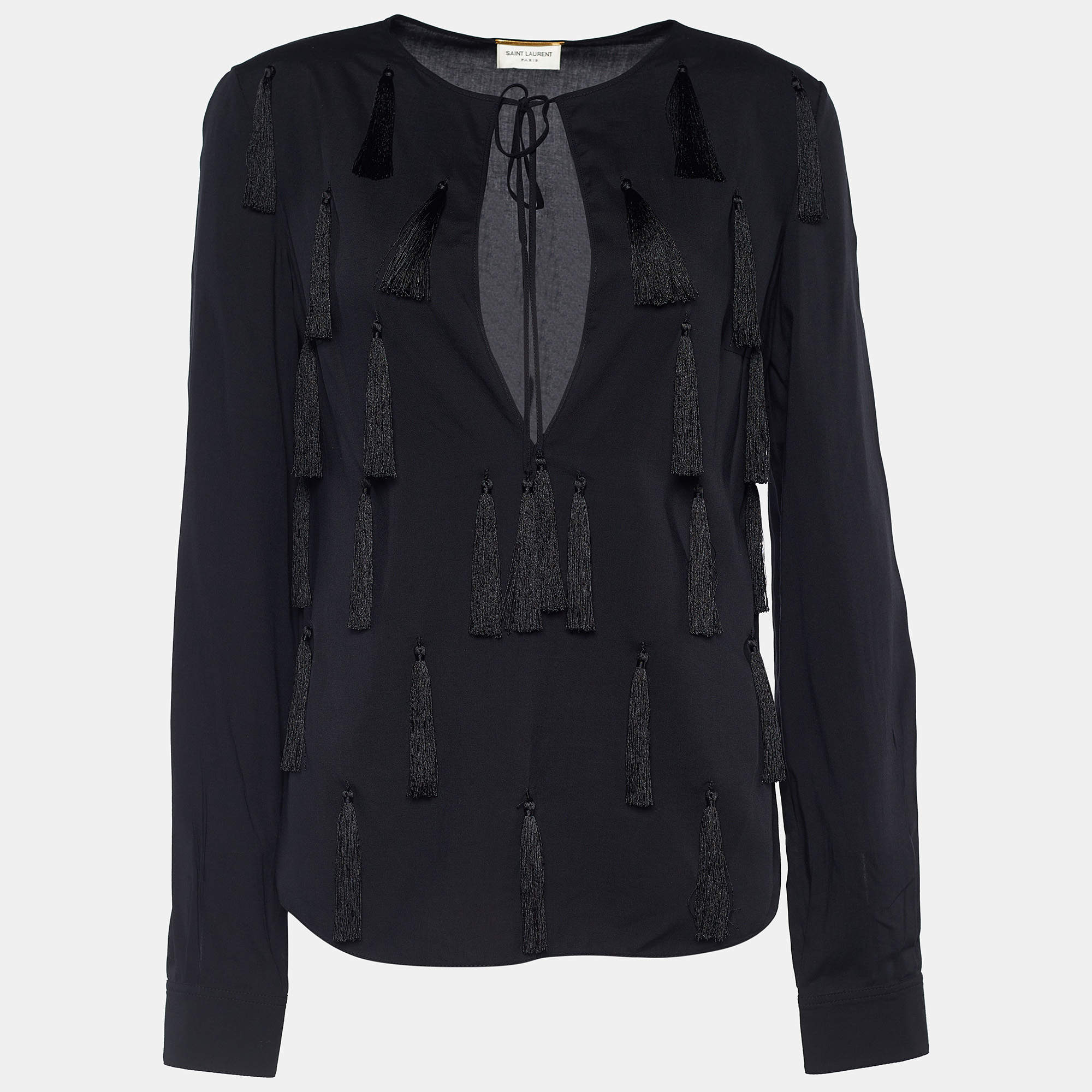 Saint Laurent Paris Black Tassel Embellished Long Sleeve Top S