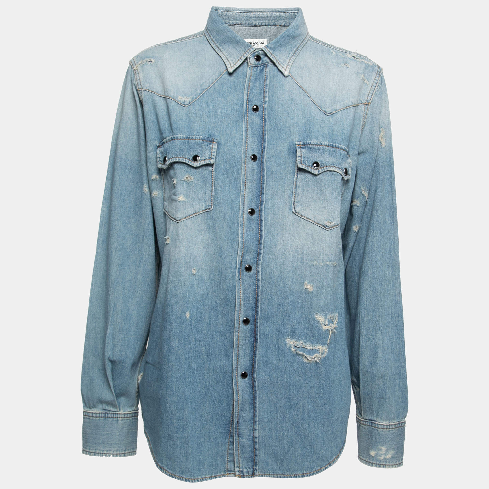 Pre Owned Saint Laurent Paris Light Blue Distressed Denim Pocketed Shirt L