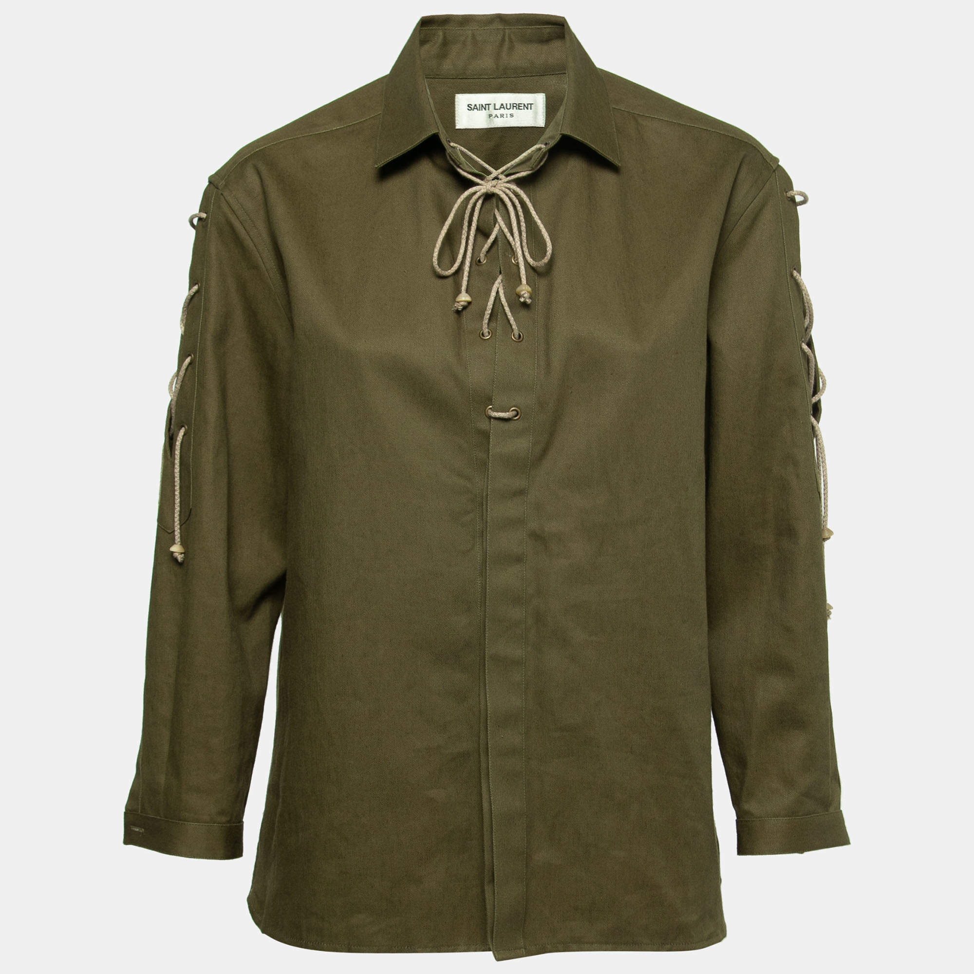 Pre Owned Saint Laurent Olive Green Cotton Lace Up Detail Blouse M