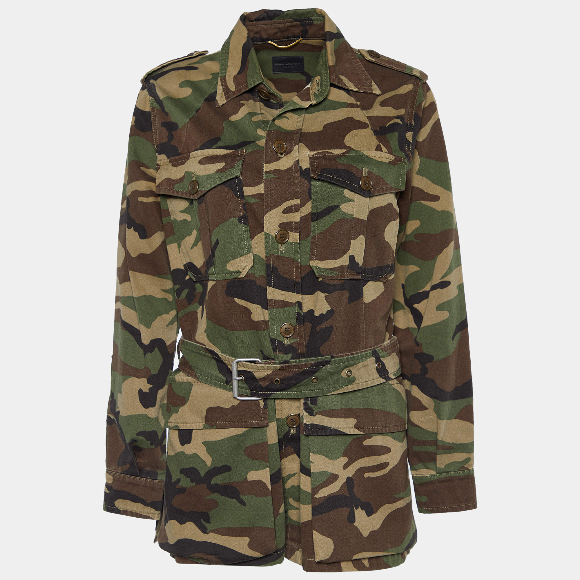 Pre Owned Saint Laurent Military Green Camo Printed Cotton Applique Detail Belted Jacket M