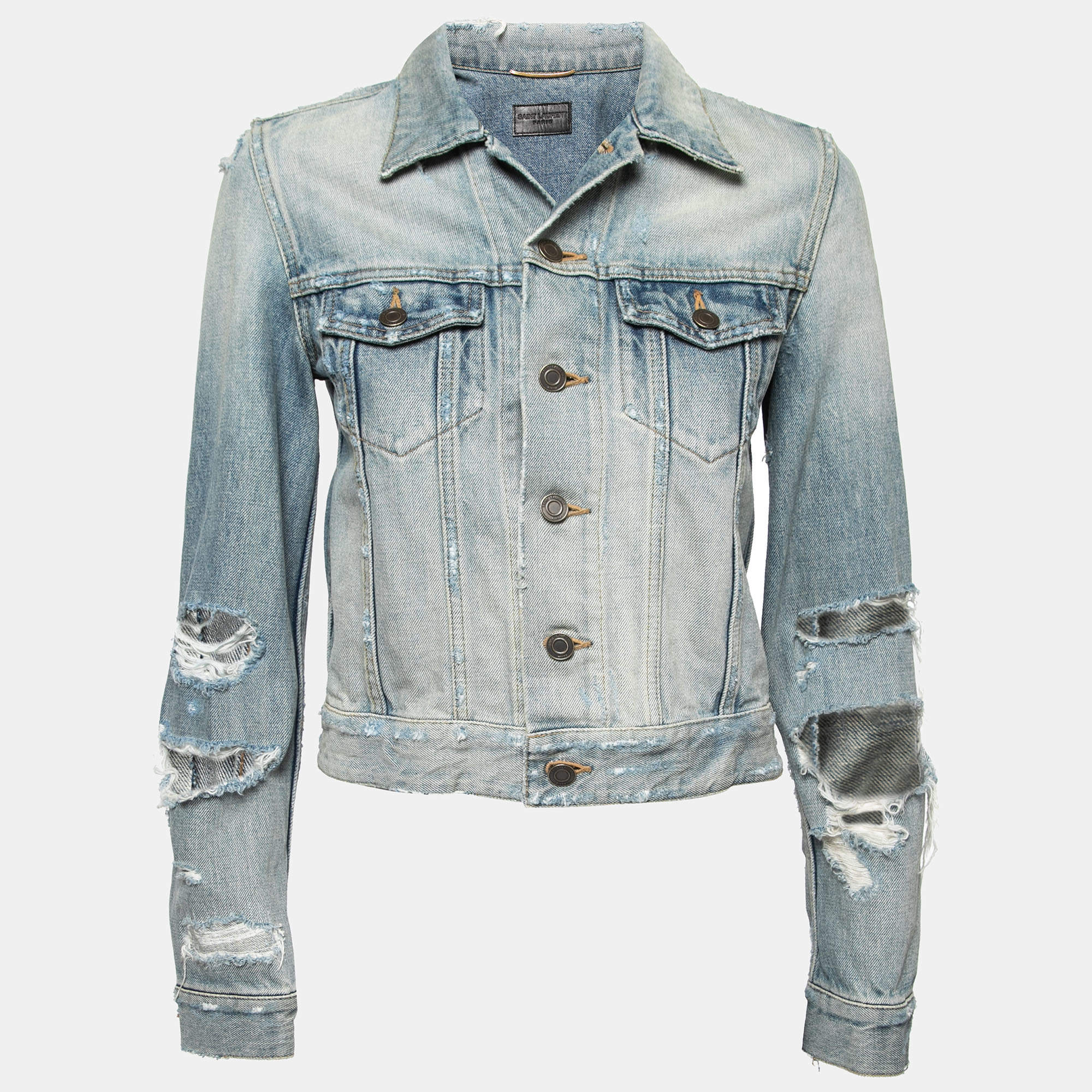 Saint Laurent Paris Blue Destroyed Effect Denim Jacket M