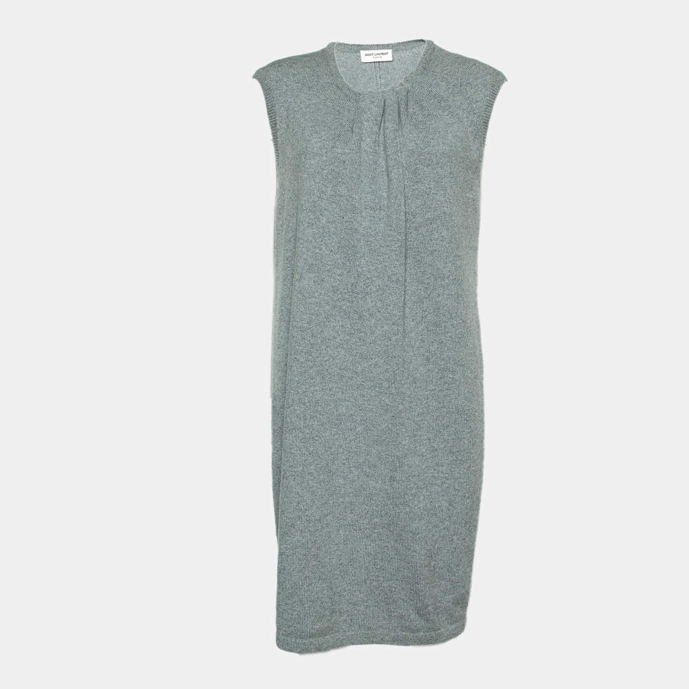 Pre Owned Saint Laurent Grey Cashmere Pleated Detail Shift Dress L