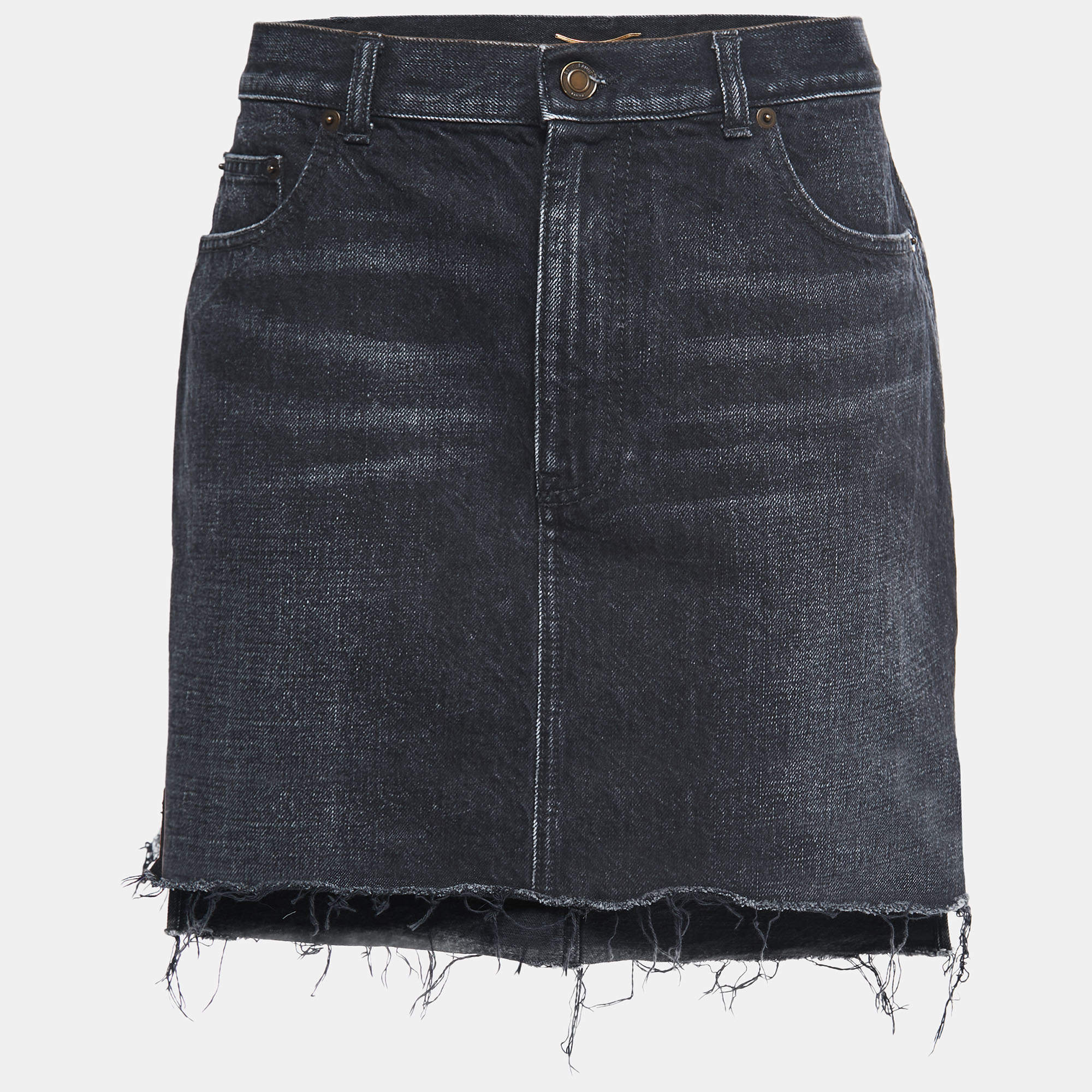 Pre Owned Saint Laurent Black Distressed Denim Mini Skirt M