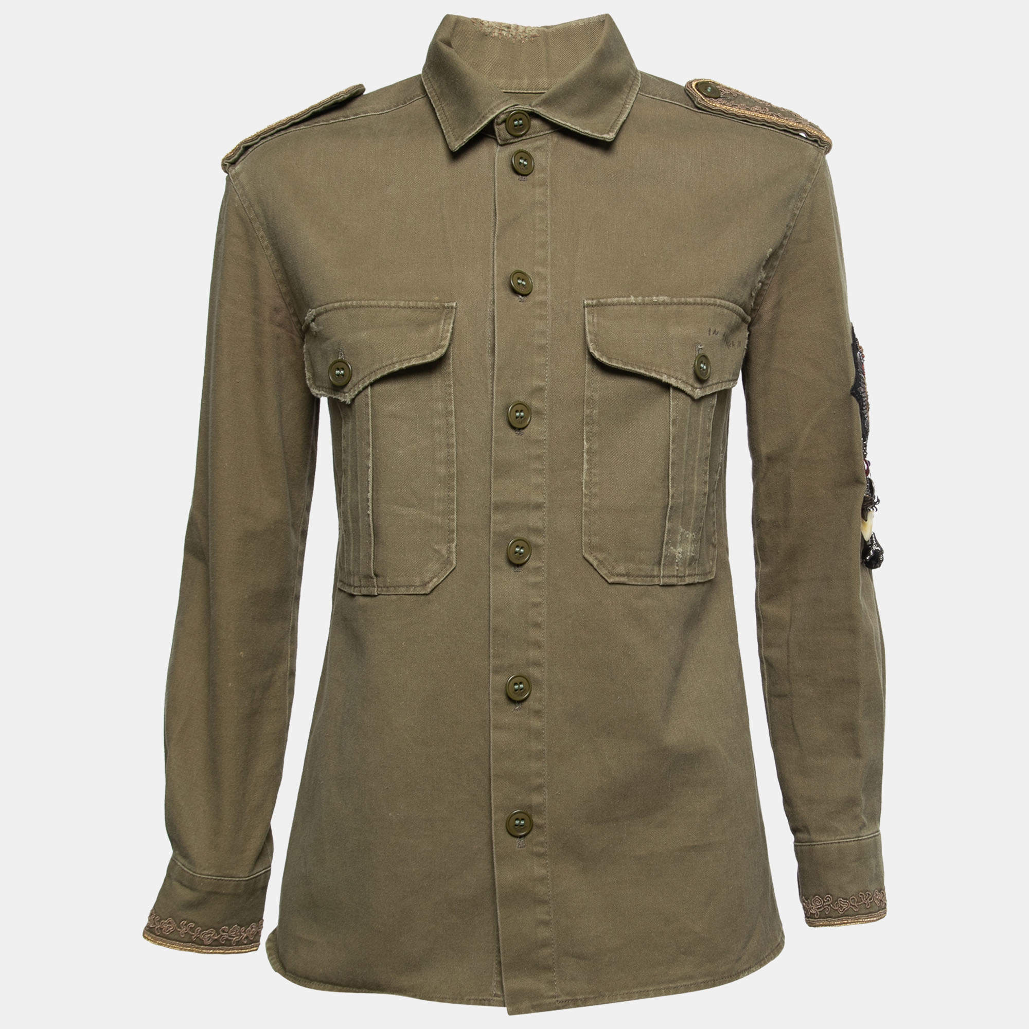 Pre Owned Saint Laurent Paris Olive Green Cotton & Ramie Military Jacket S