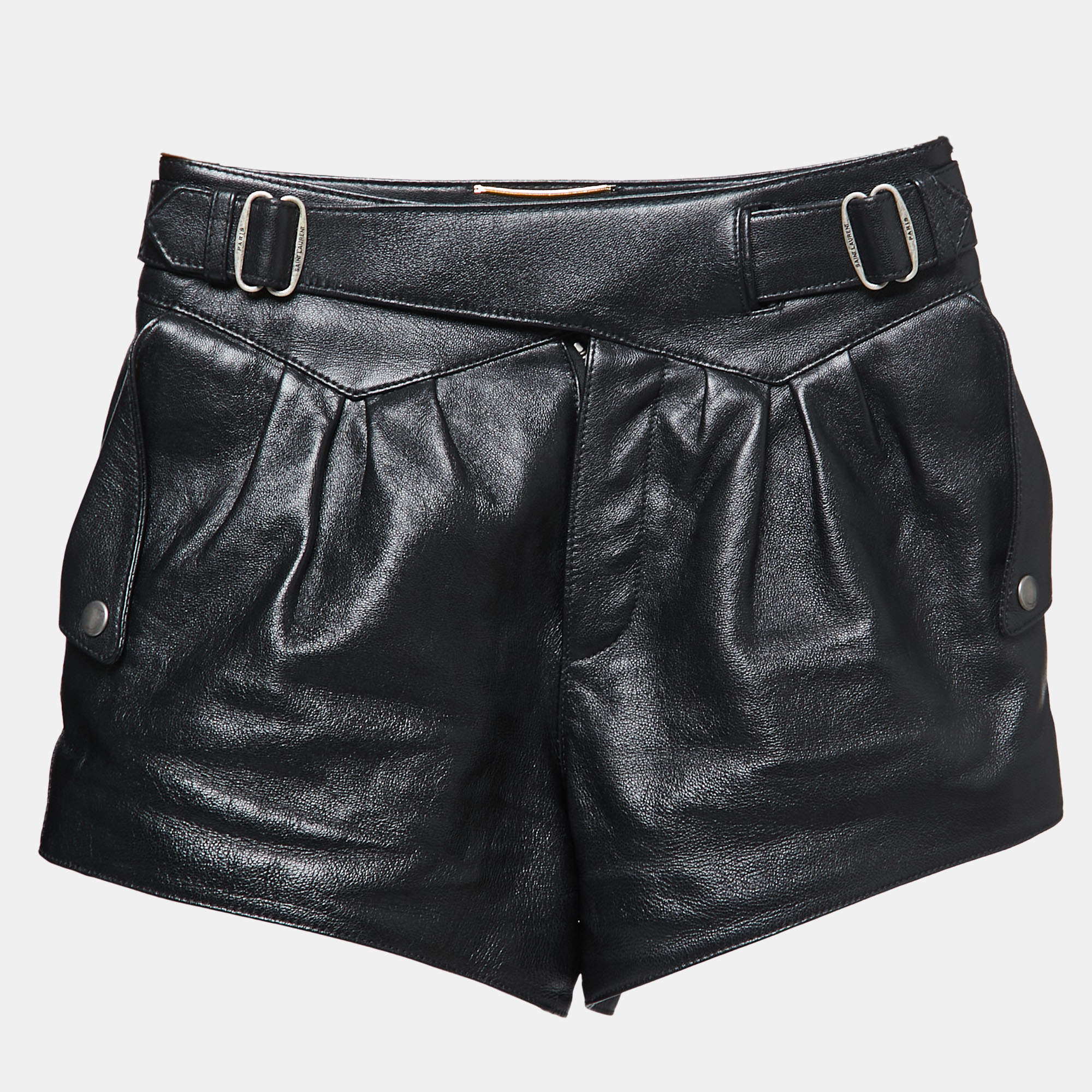 Pre Owned Saint Laurent Black Lambskin Leather Mini Shorts S