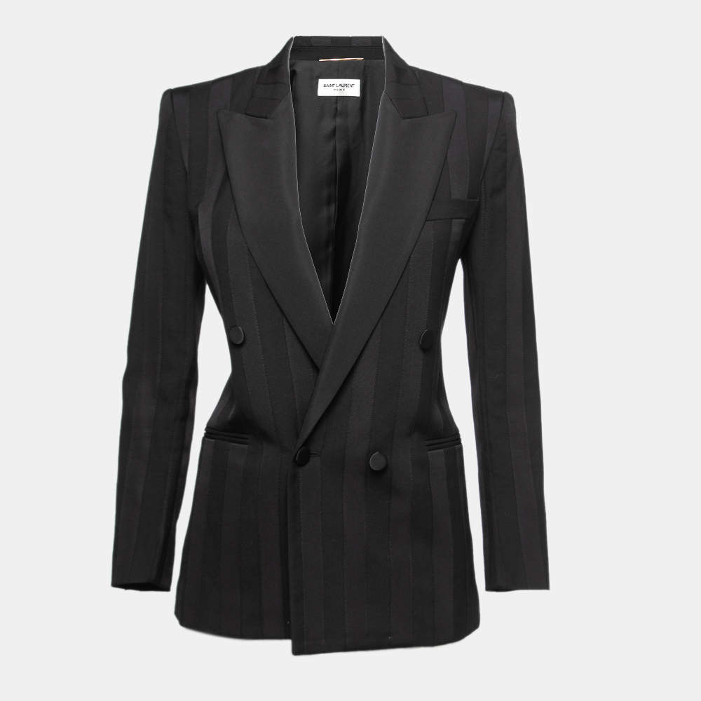 Saint Laurent Paris Black Wool Ribbon Striped Double Breasted Blazer S