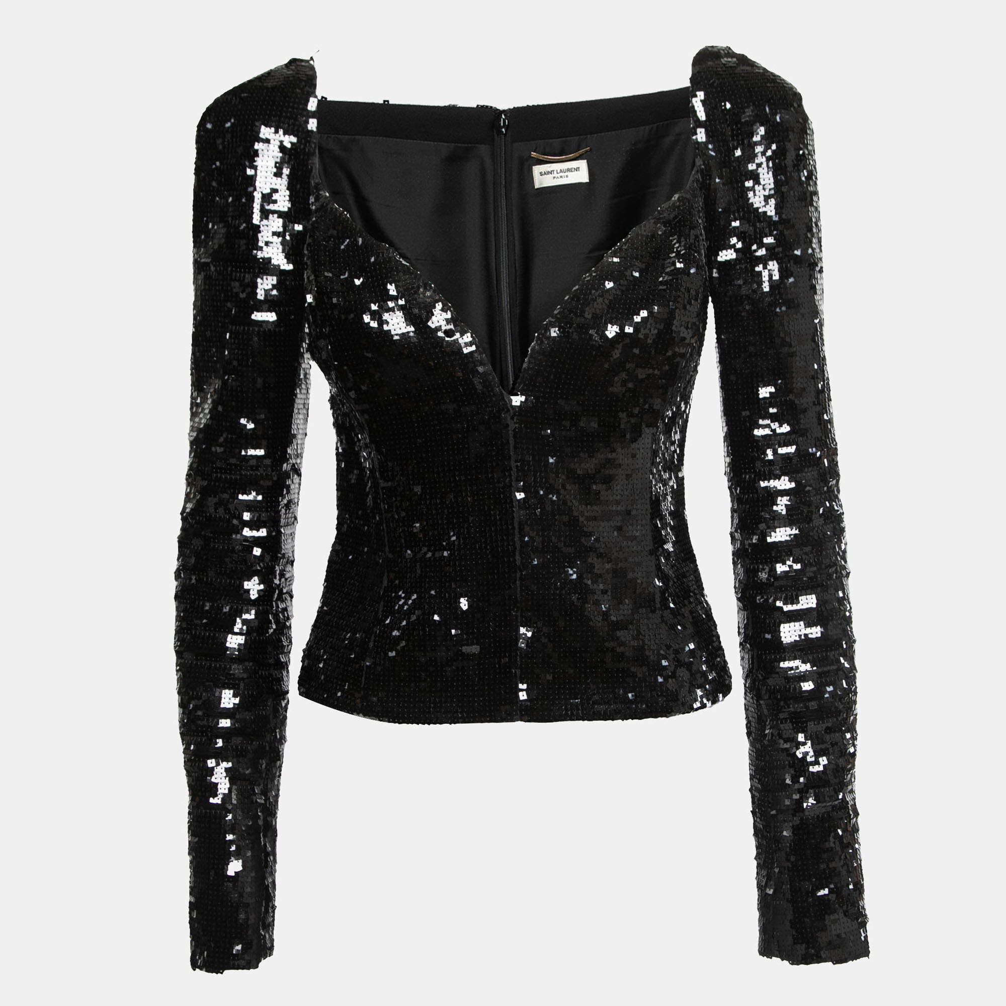 Pre Owned Saint Laurent Black Sequined Plunge Neck Top S