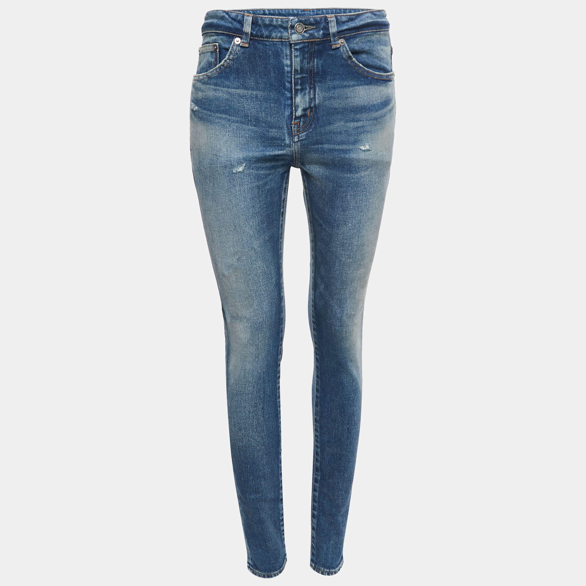 Pre Owned Saint Laurent Paris Blue Washed Distressed Denim Skinny Jeans M Waist 28"