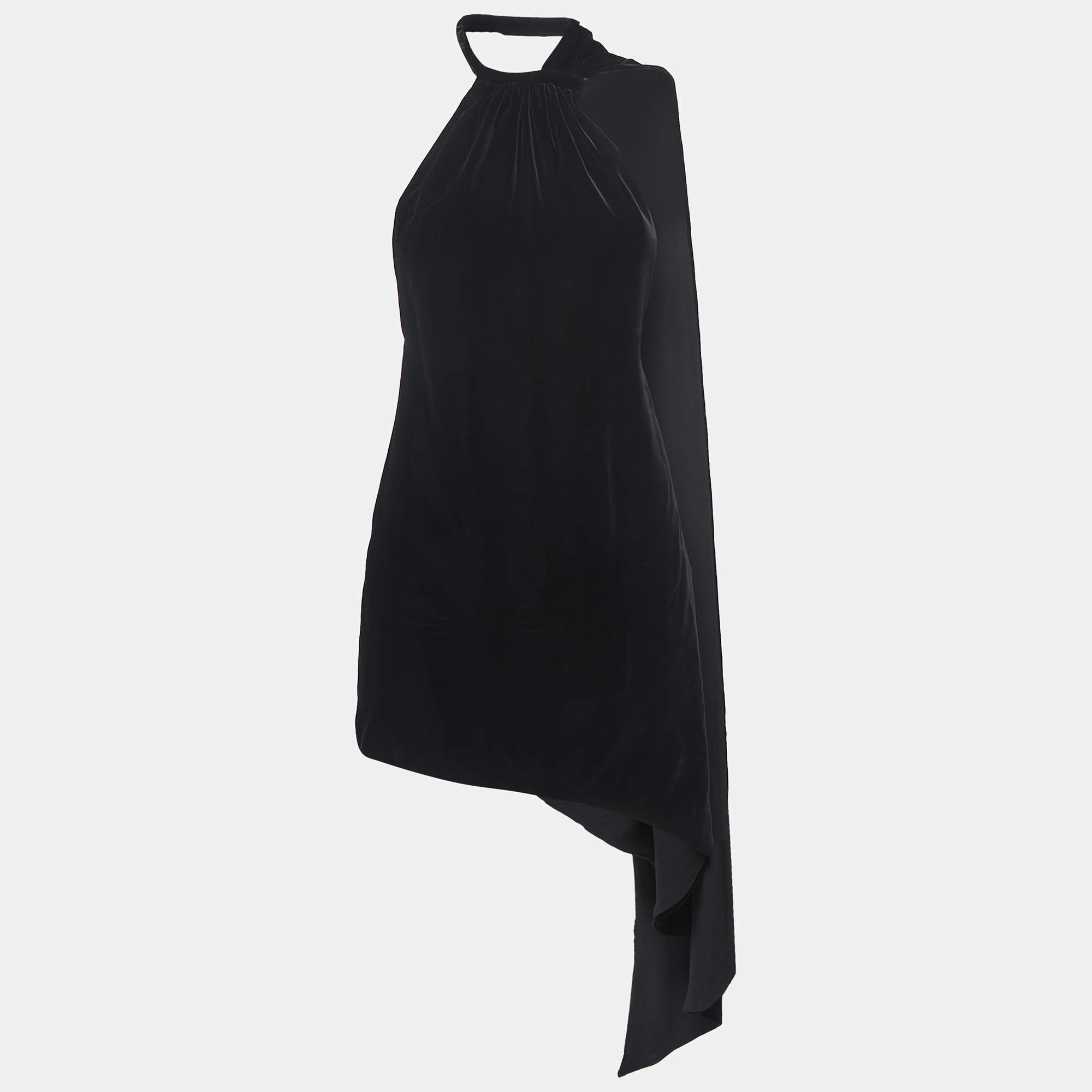 Pre Owned Saint Laurent Black Velvet One Shoulder Asymmetrical Mini Dress S