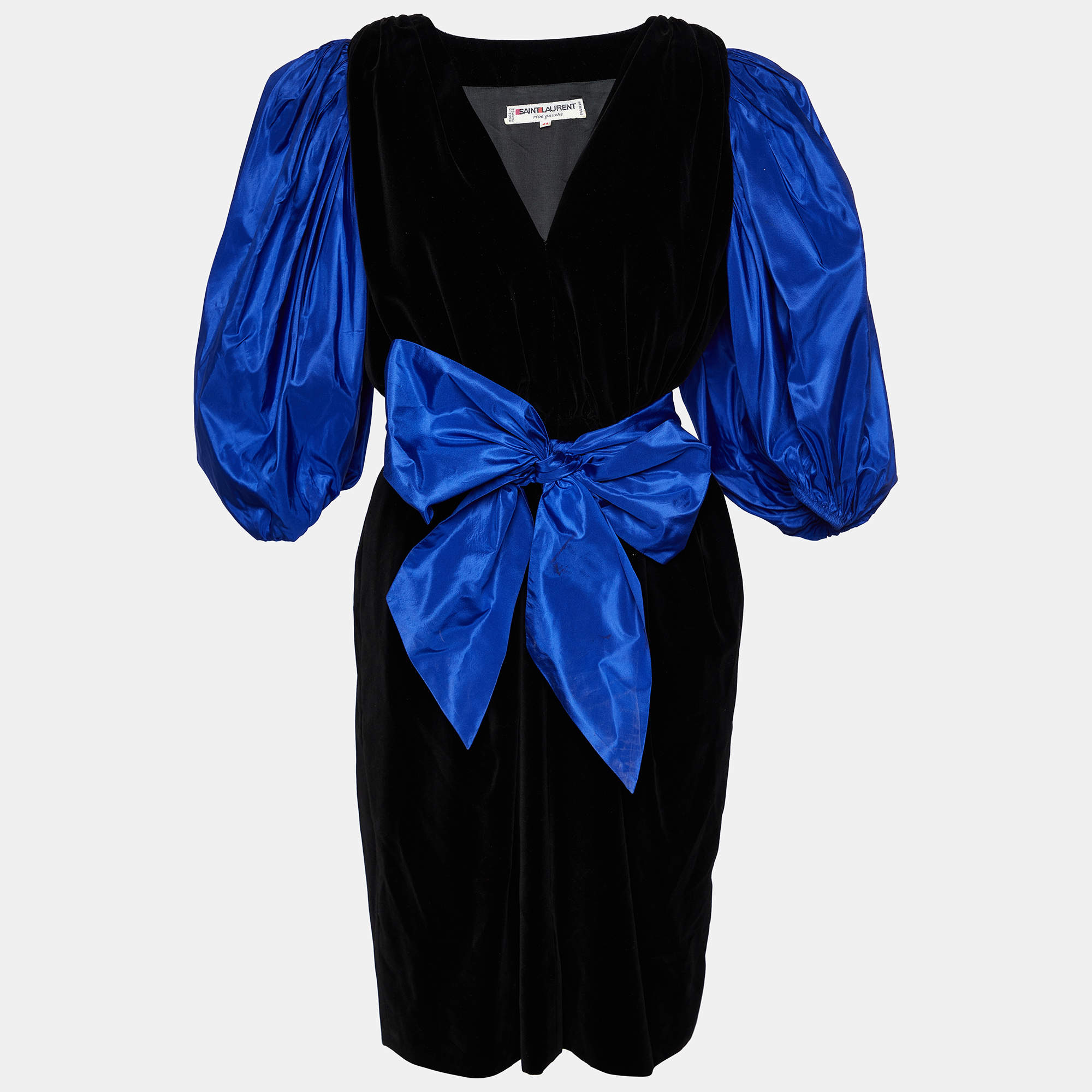 Saint Laurent Rive Gauche Black Velvet & Contrast Detail Midi Dress L