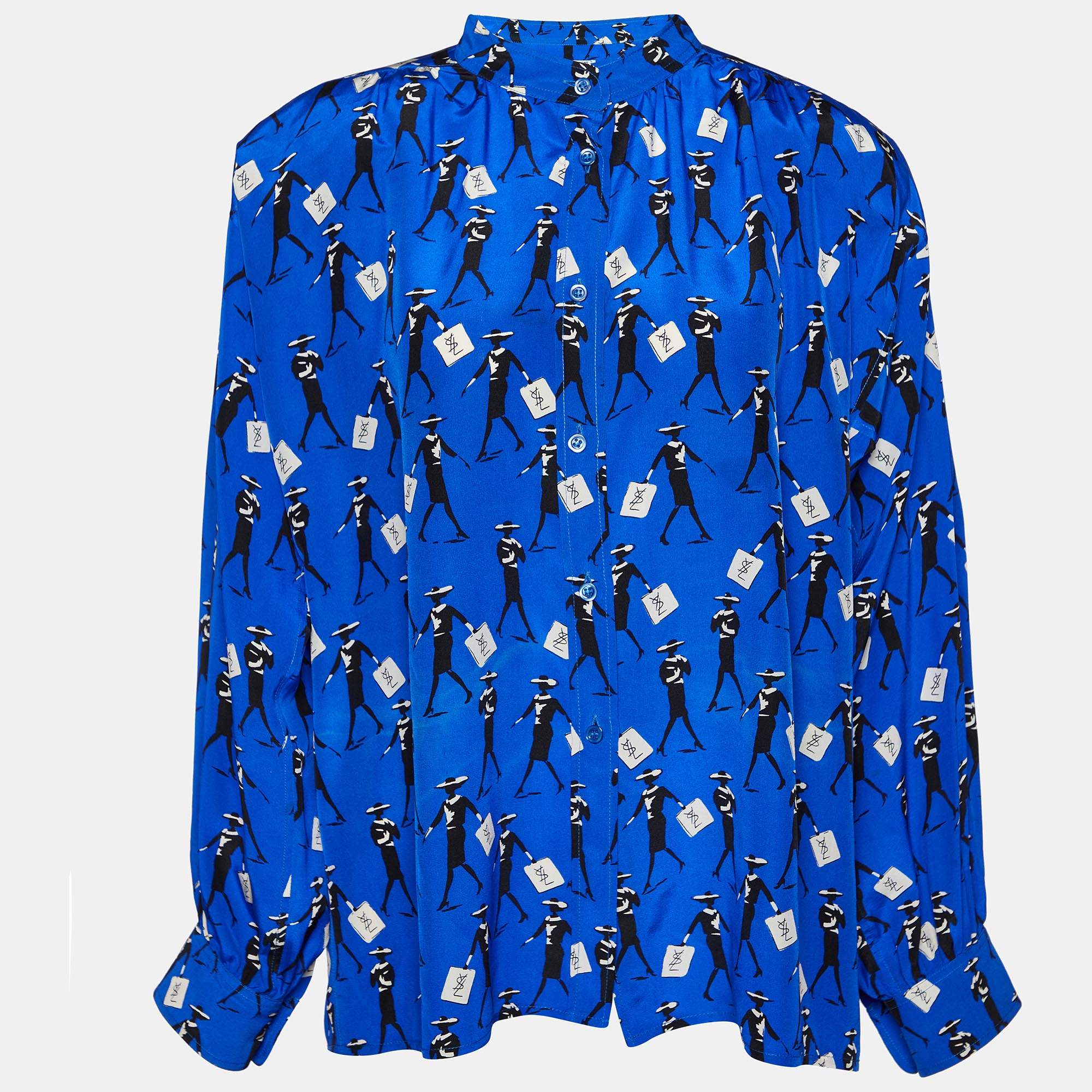 Pre Owned Saint Laurent Rive Gauche Blue Printed Silk Oversized Shirt L
