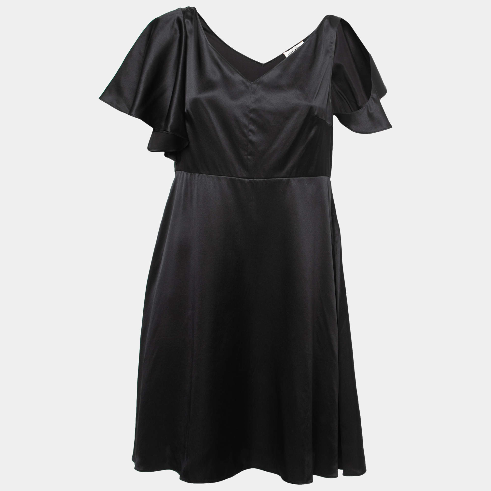 Pre Owned Saint Laurent Black Silk Satin Cut Out Ruffle Sleeve Short Dress L