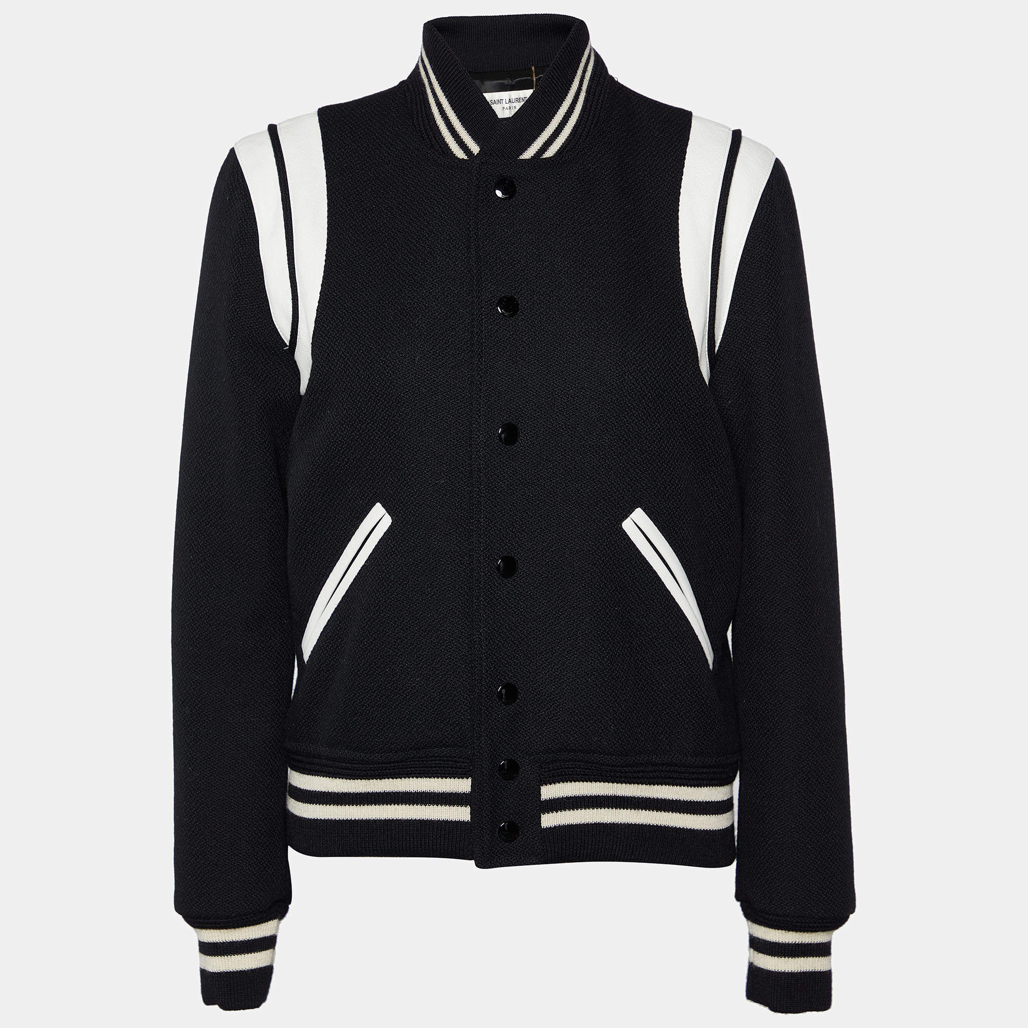 Pre Owned Saint Laurent Black Wool Contrast Leather Detail Teddy Jacket M