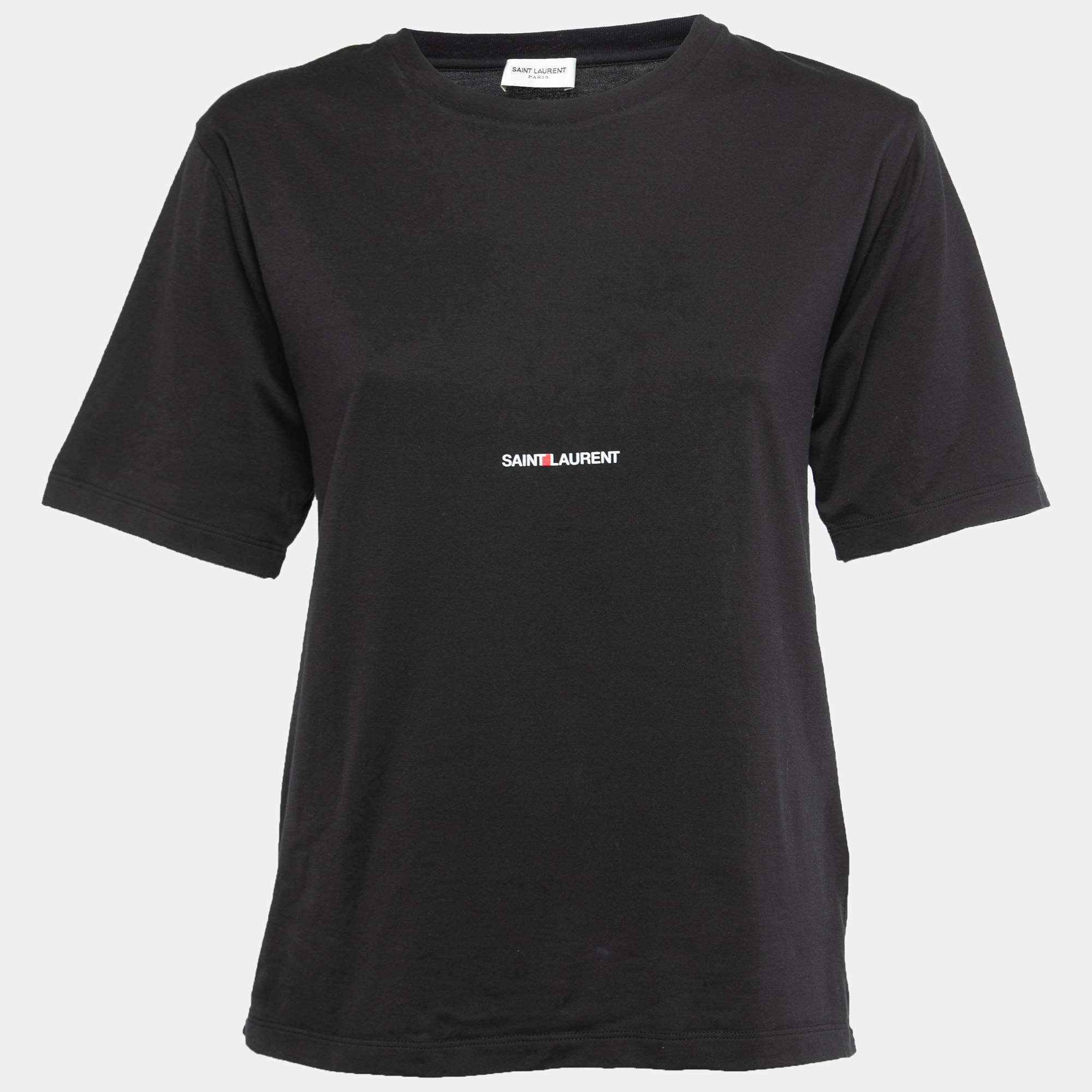Saint Laurent Paris Black Logo Printed Cotton Crew Neck Half Sleeve T-Shirt S