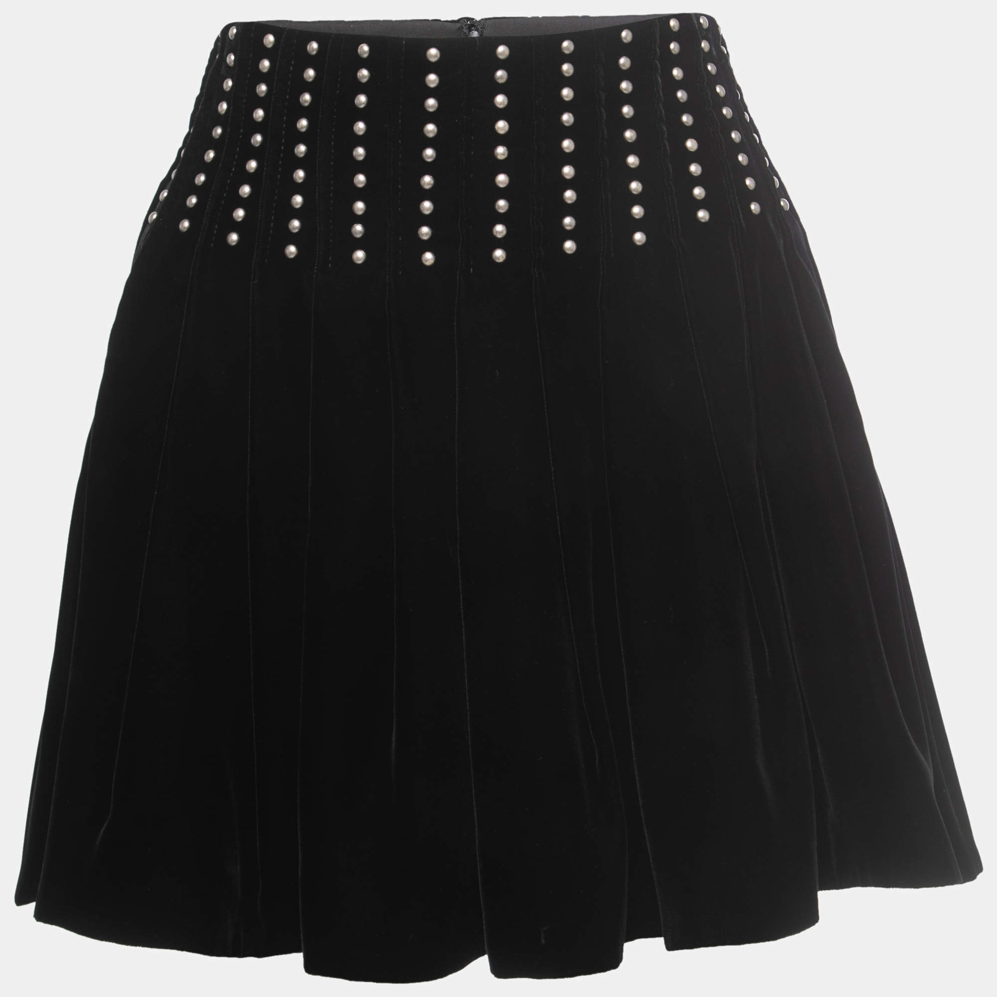 Pre Owned Saint Laurent Paris Black Studded Velvet Pleated Mini Skirt L